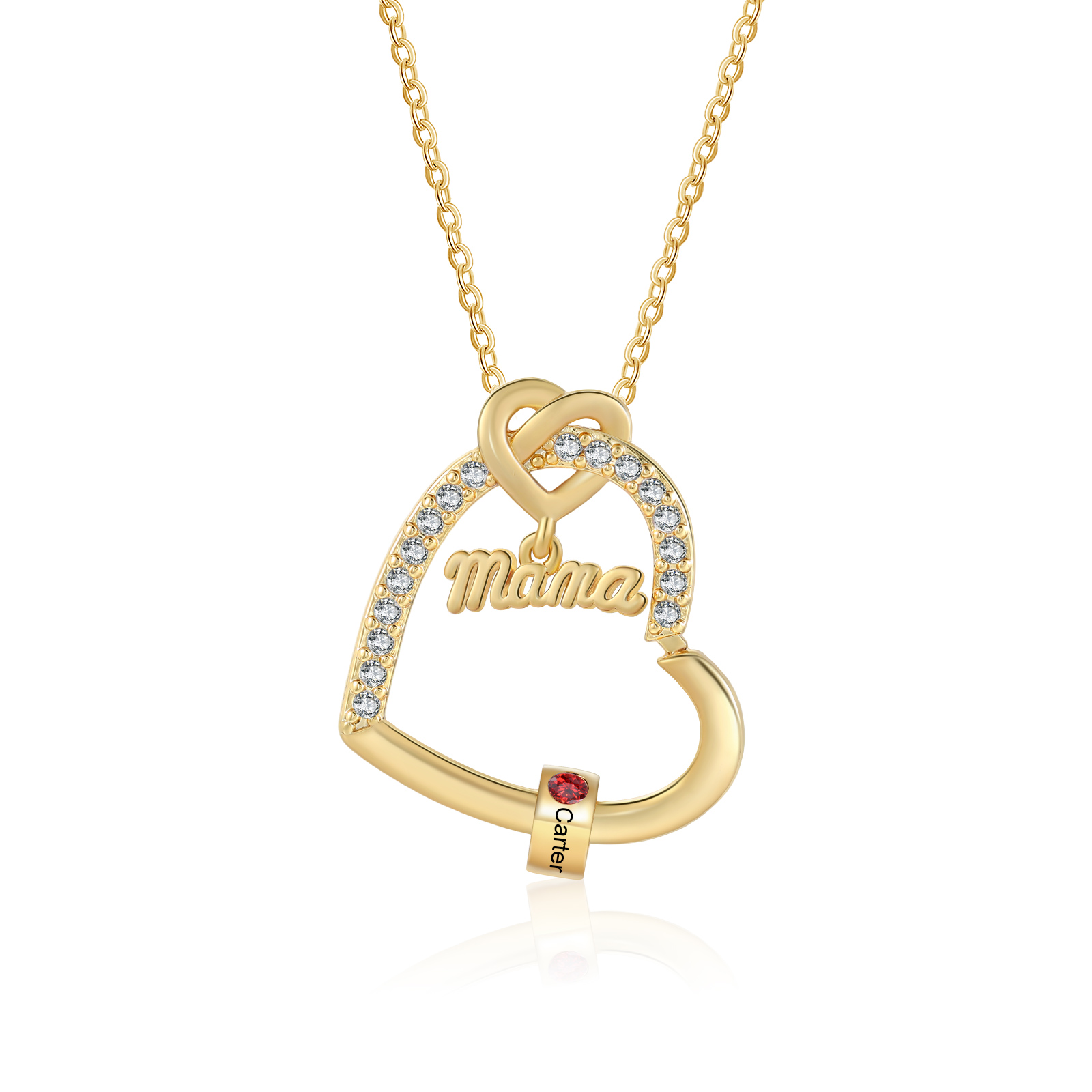 Collar en forma de corazón 1-5 nombres y piedras de nacimiento personalizados con colgante de "MAMÁ" color oro | Jessemade