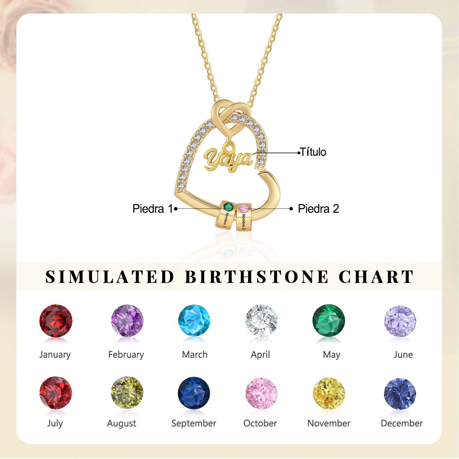 Collar de corazón "YAYA" personalizado con 1 a 5 nombres y 1 a 5 piedras de nacimiento, regalo para abuela | Jessemade