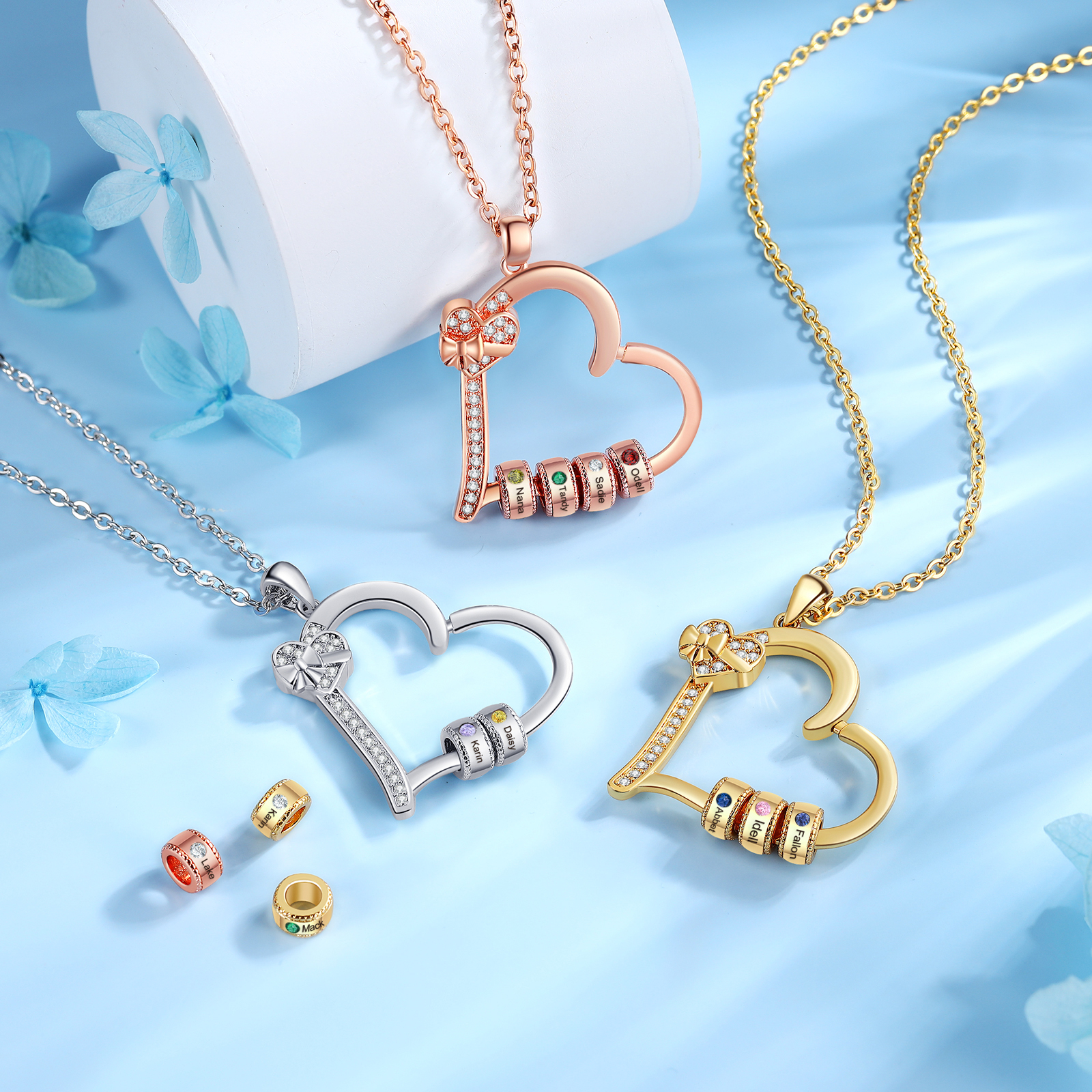 Collar de corazón con 2 piedras de nacimiento y 2 nombres en aros collar personalizado para mujer | Jessemade
