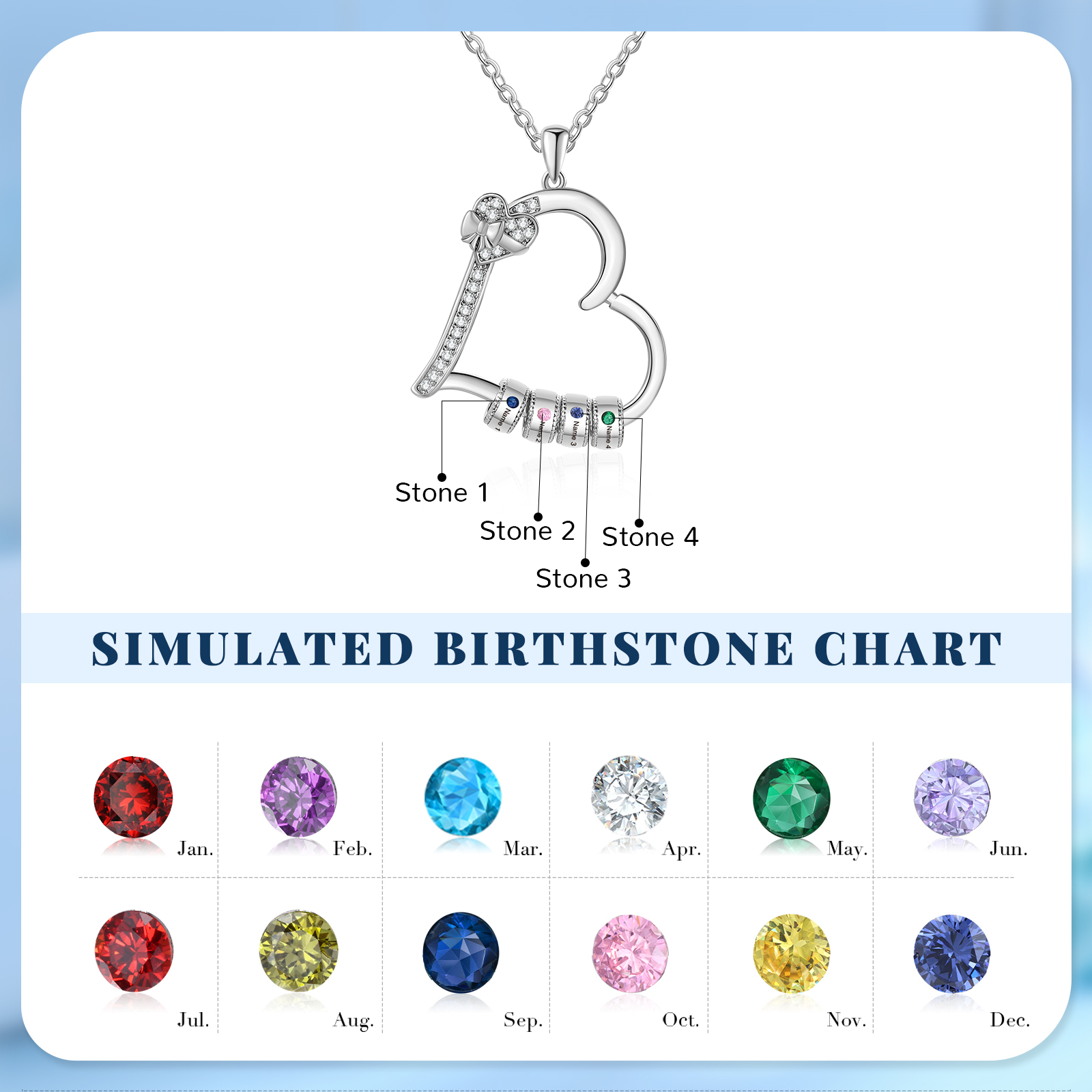 Collar de corazón con 4 piedras de nacimiento y 4 nombres en aros collar personalizado para mujer | Jessemade