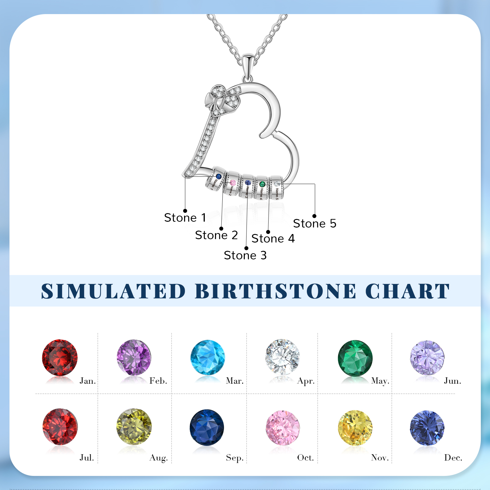 Collar de corazón con 5 piedras de nacimiento y 5 nombres en aros collar personalizado para mujer | Jessemade