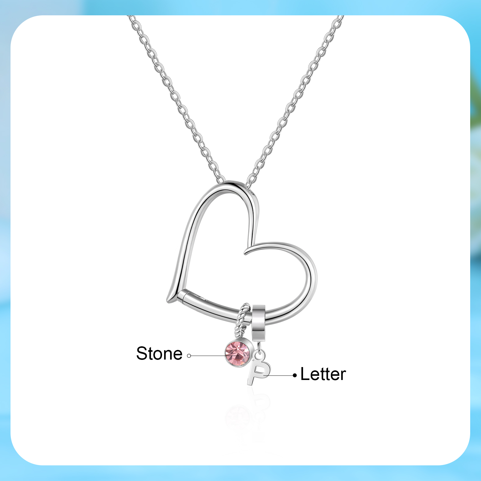 Collar de corazón personalizado para mujer con colgantes de 1 letra y 1 piedra de nacimiento | Jessemade