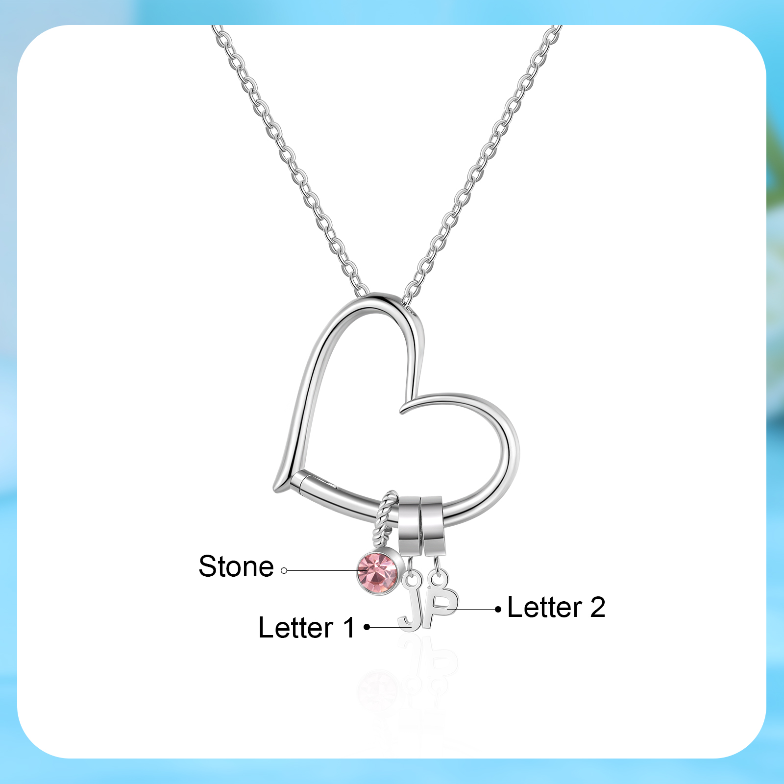 Collar de corazón personalizado para mujer con colgantes de 2 letras y 1 piedra de nacimiento | Jessemade