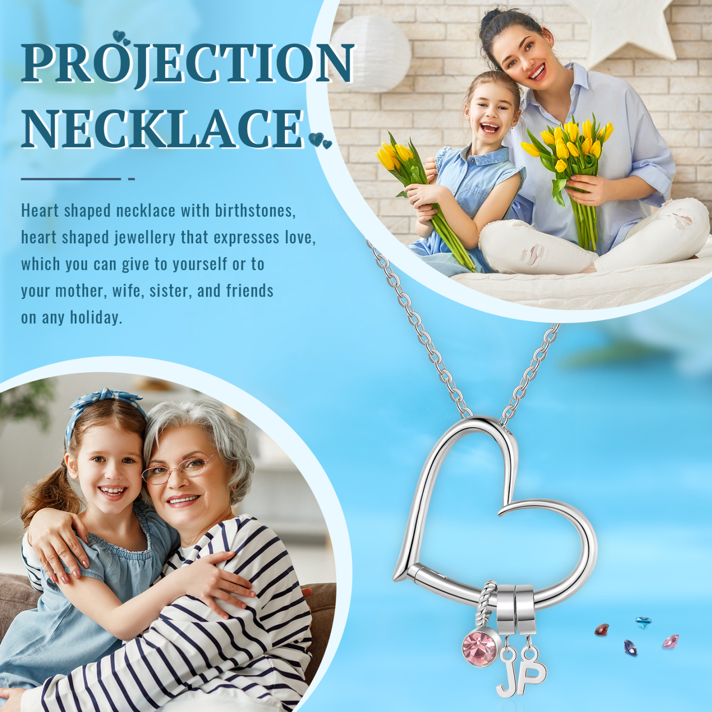 Collar de corazón personalizado para mujer con colgantes de 2 letras y 1 piedra de nacimiento | Jessemade