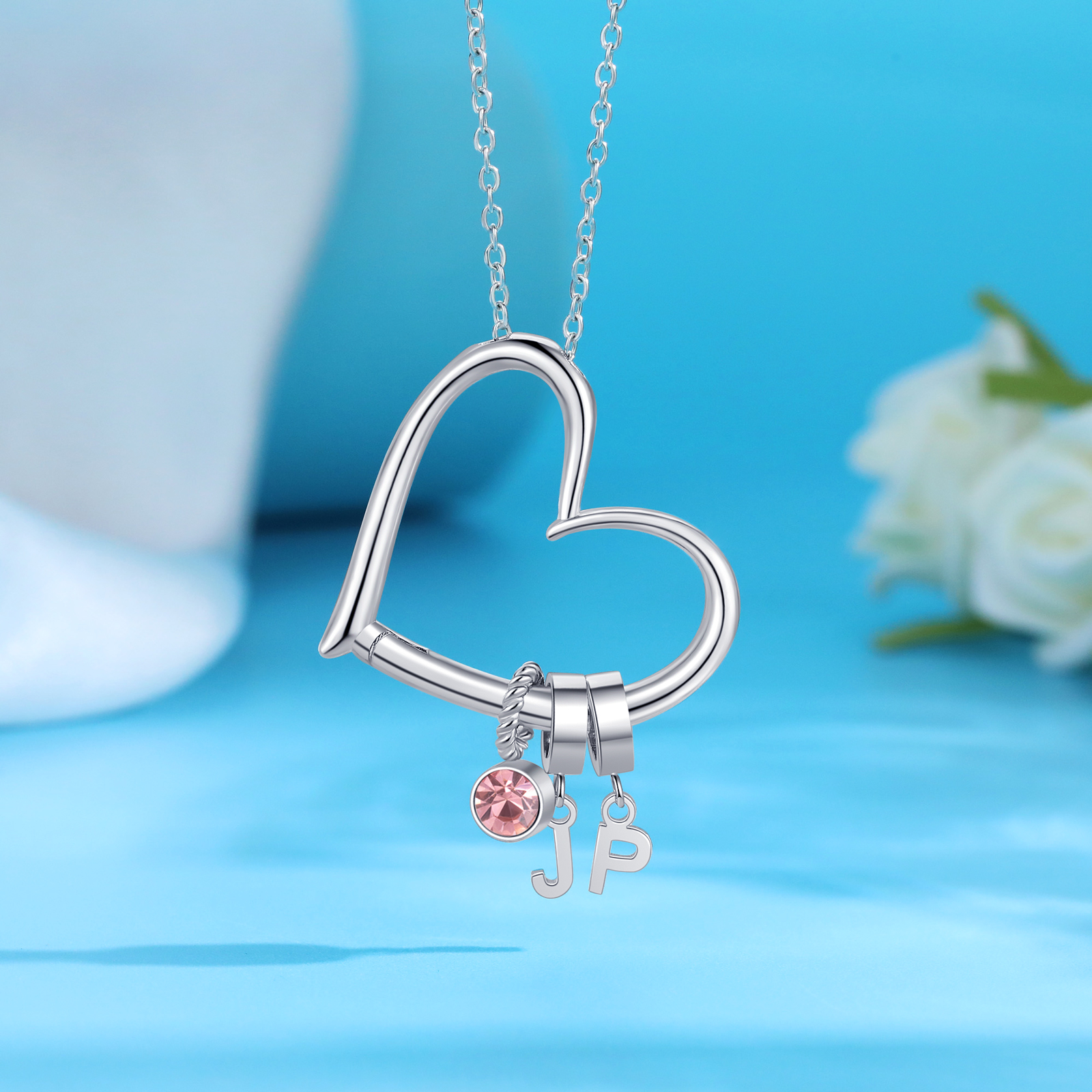 Collar de corazón personalizado para mujer con colgantes de 2 letras y 1 piedra de nacimiento | Jessemade