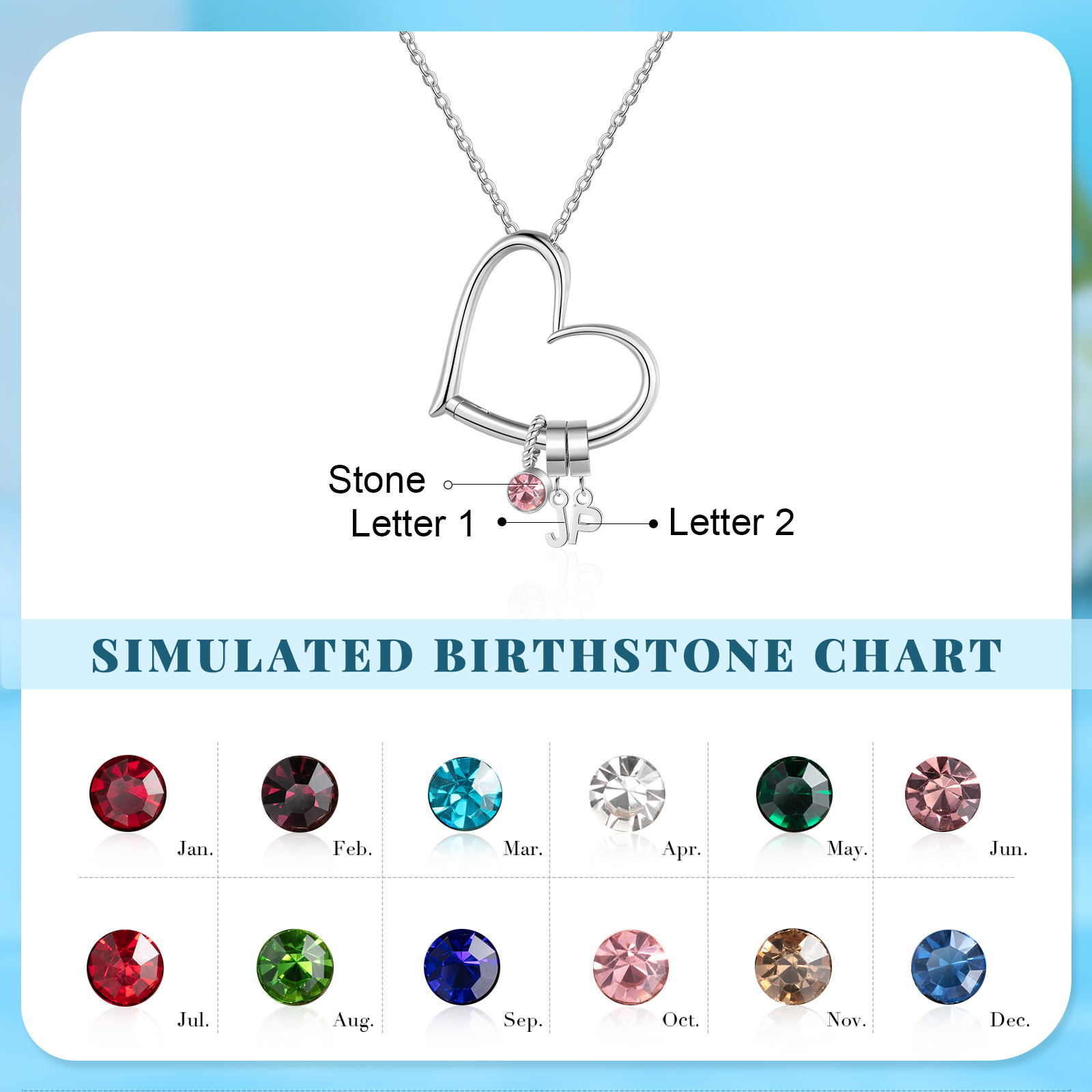 Collar de corazón personalizado para mujer con colgantes de 2 letras y 1 piedra de nacimiento | Jessemade