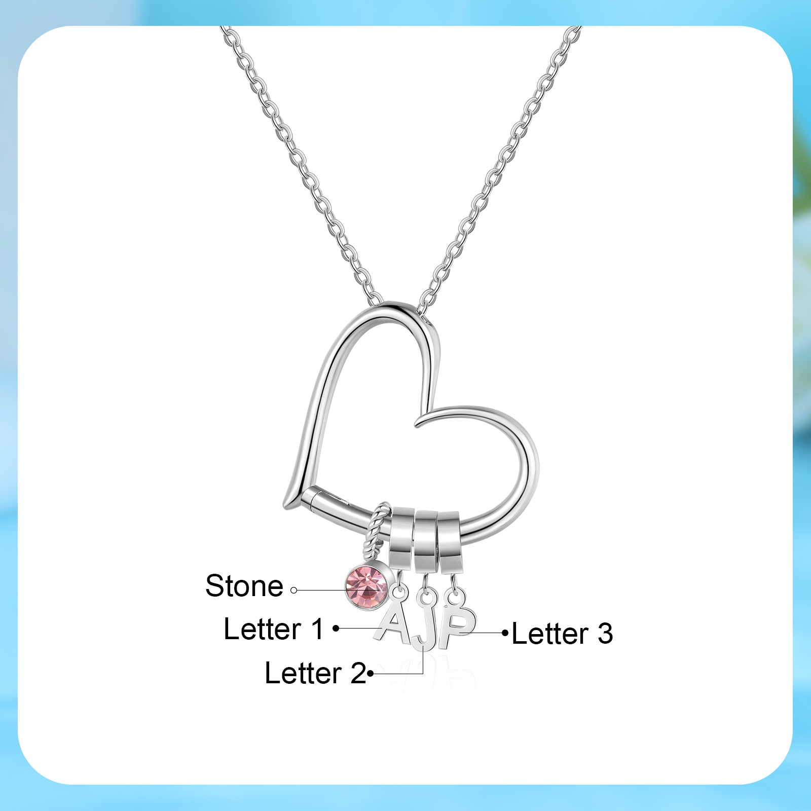 Collar de corazón personalizado para mujer con colgantes de 3 letras y 1 piedra de nacimiento | Jessemade