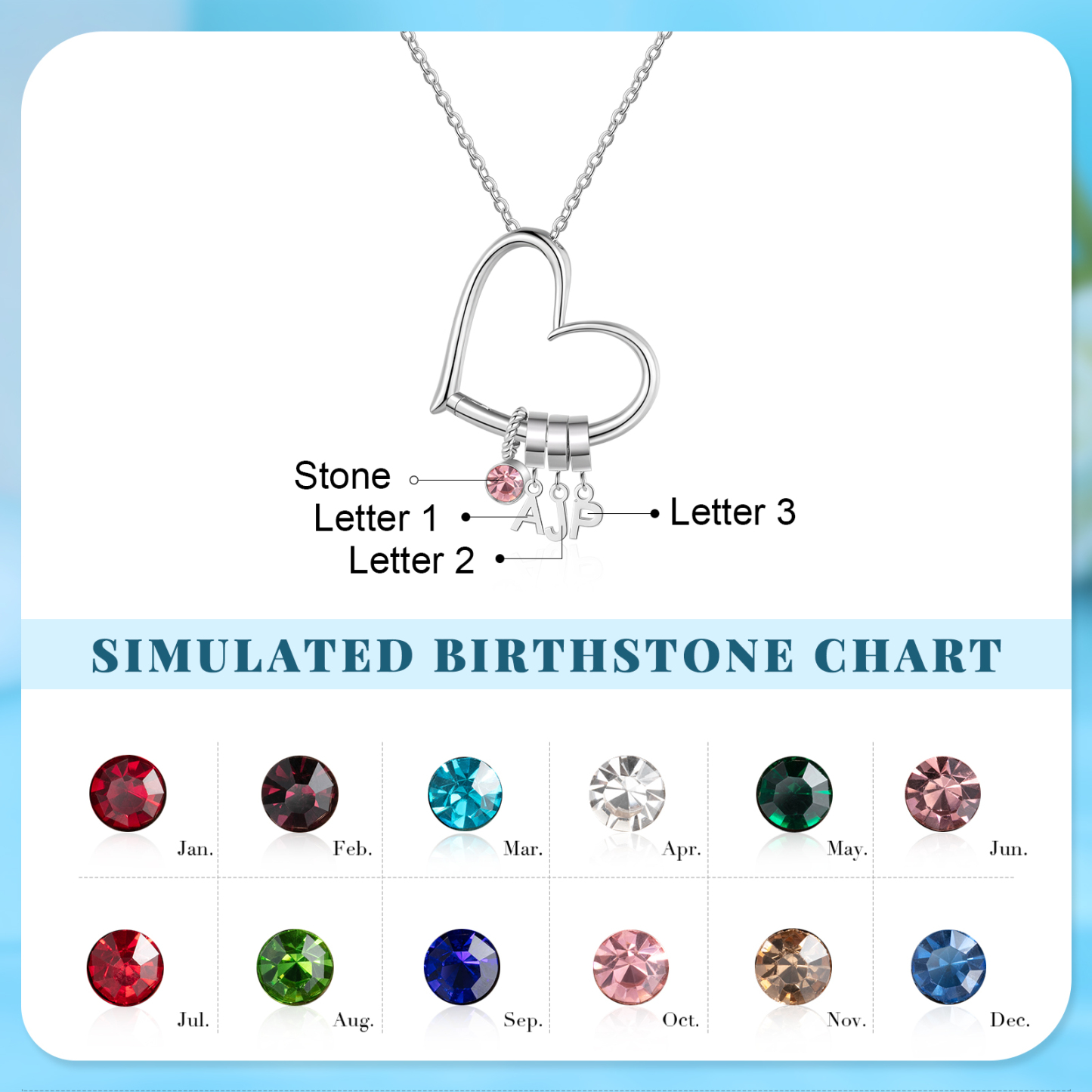Collar de corazón personalizado para mujer con colgantes de 3 letras y 1 piedra de nacimiento | Jessemade