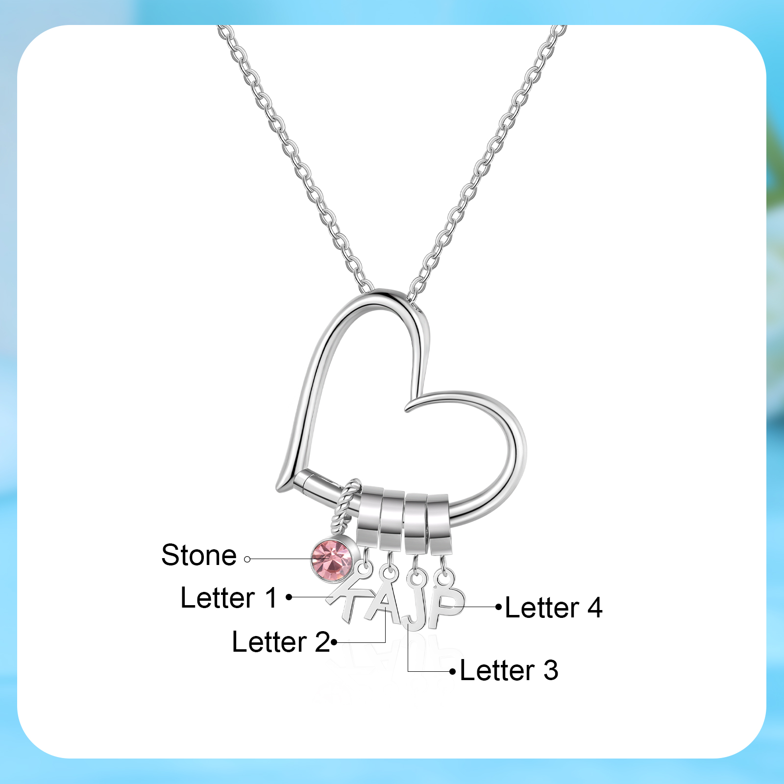Collar de corazón personalizado para mujer con colgantes de 4 letras y 1 piedra de nacimiento | Jessemade