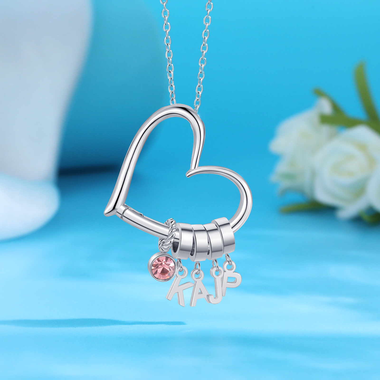 Collar de corazón personalizado para mujer con colgantes de 4 letras y 1 piedra de nacimiento | Jessemade