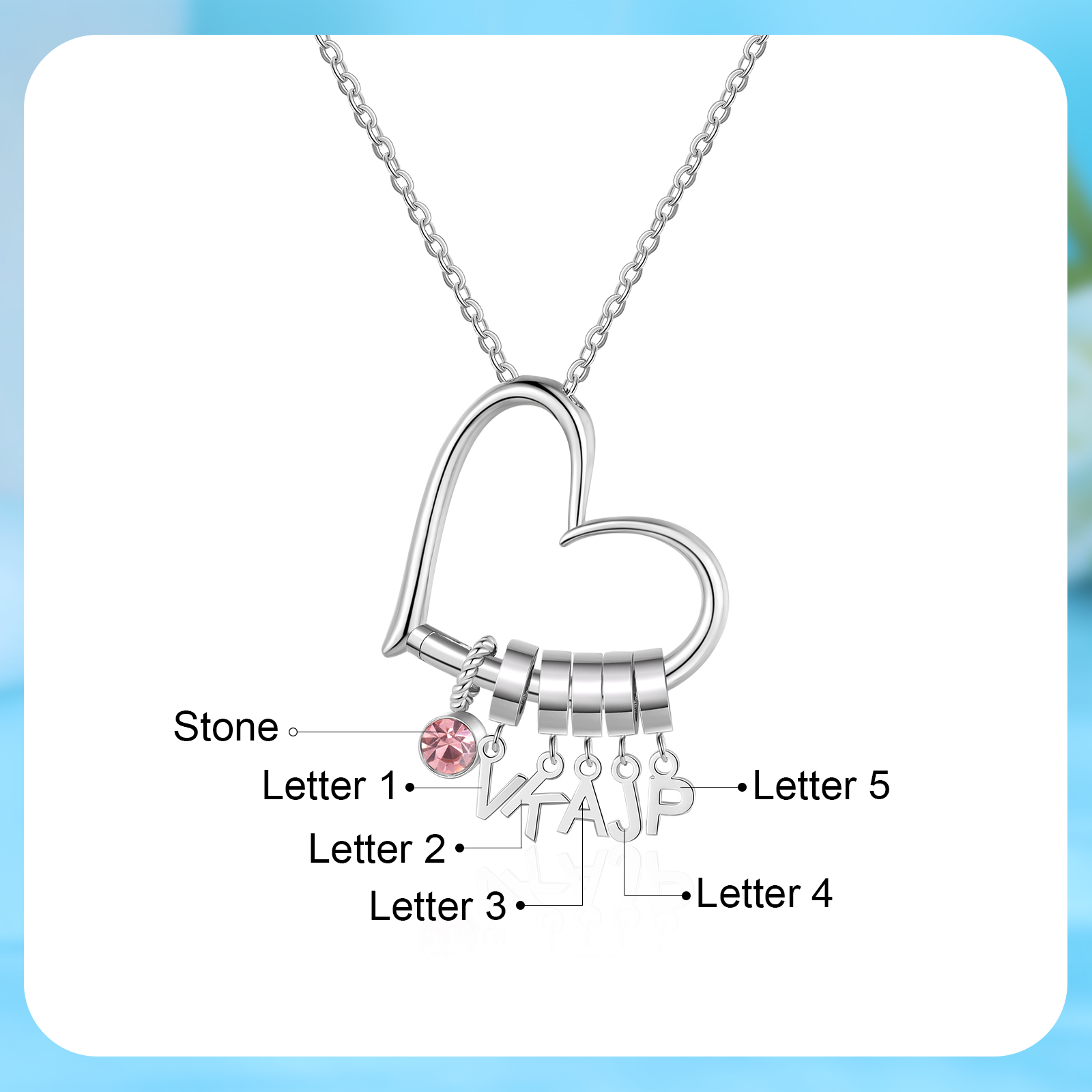 Collar de corazón personalizado para mujer con colgantes de 5 letras y 1 piedra de nacimiento | Jessemade