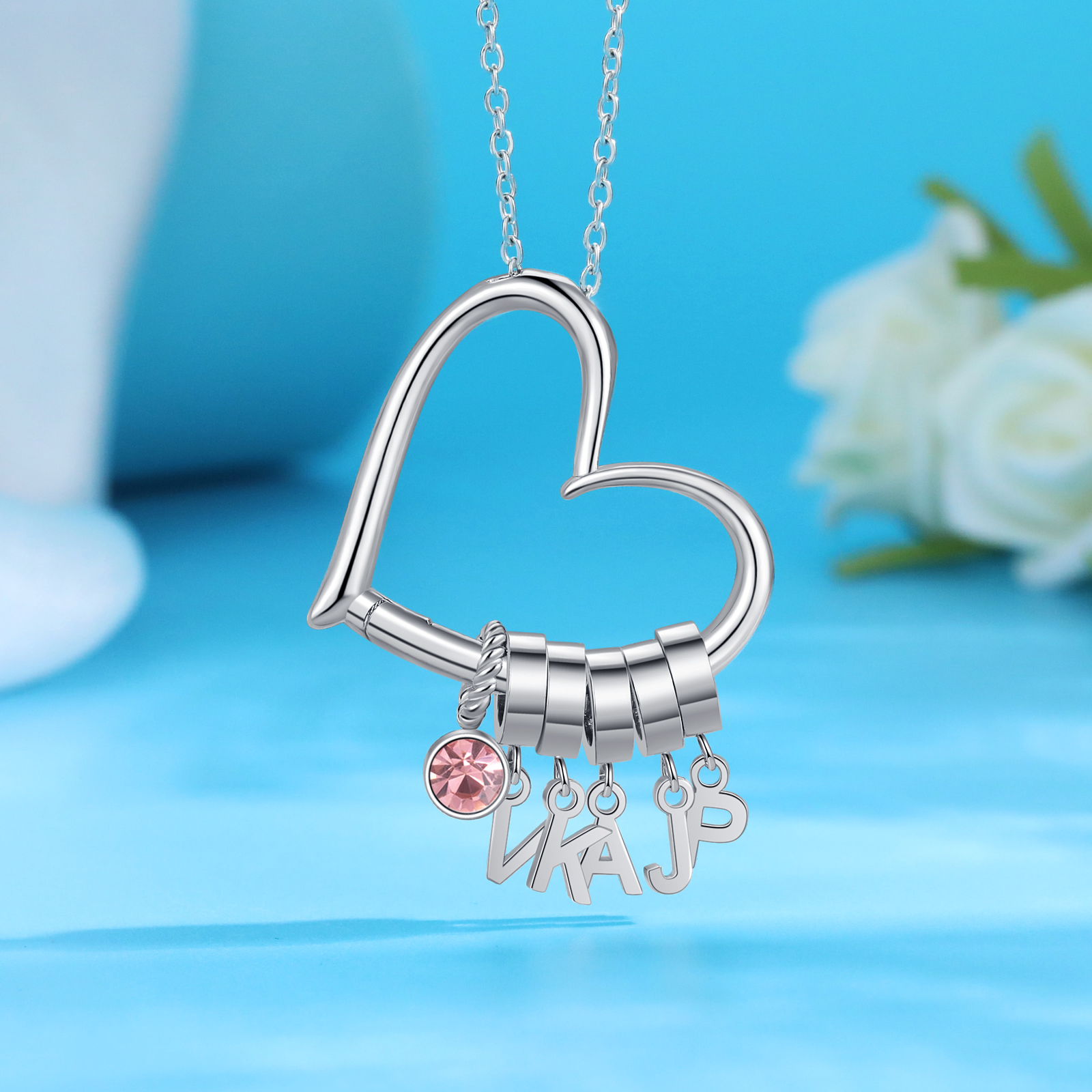 Collar de corazón personalizado para mujer con colgantes de 5 letras y 1 piedra de nacimiento | Jessemade