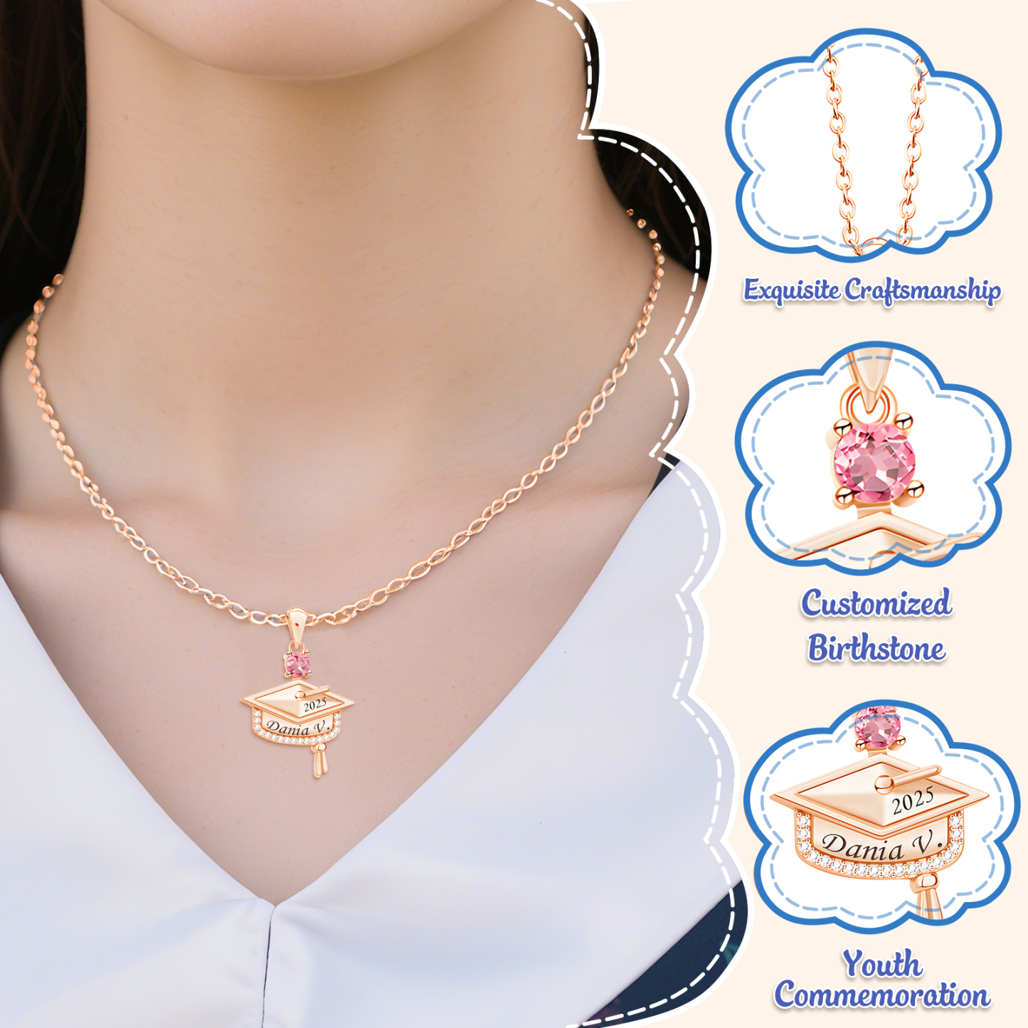 Para graduadas - Collar personalizado de graduación con piedra de nacimiento y nombre grabado – Joya única para la temporada de graduación 2025, regalo ideal para estudiantes