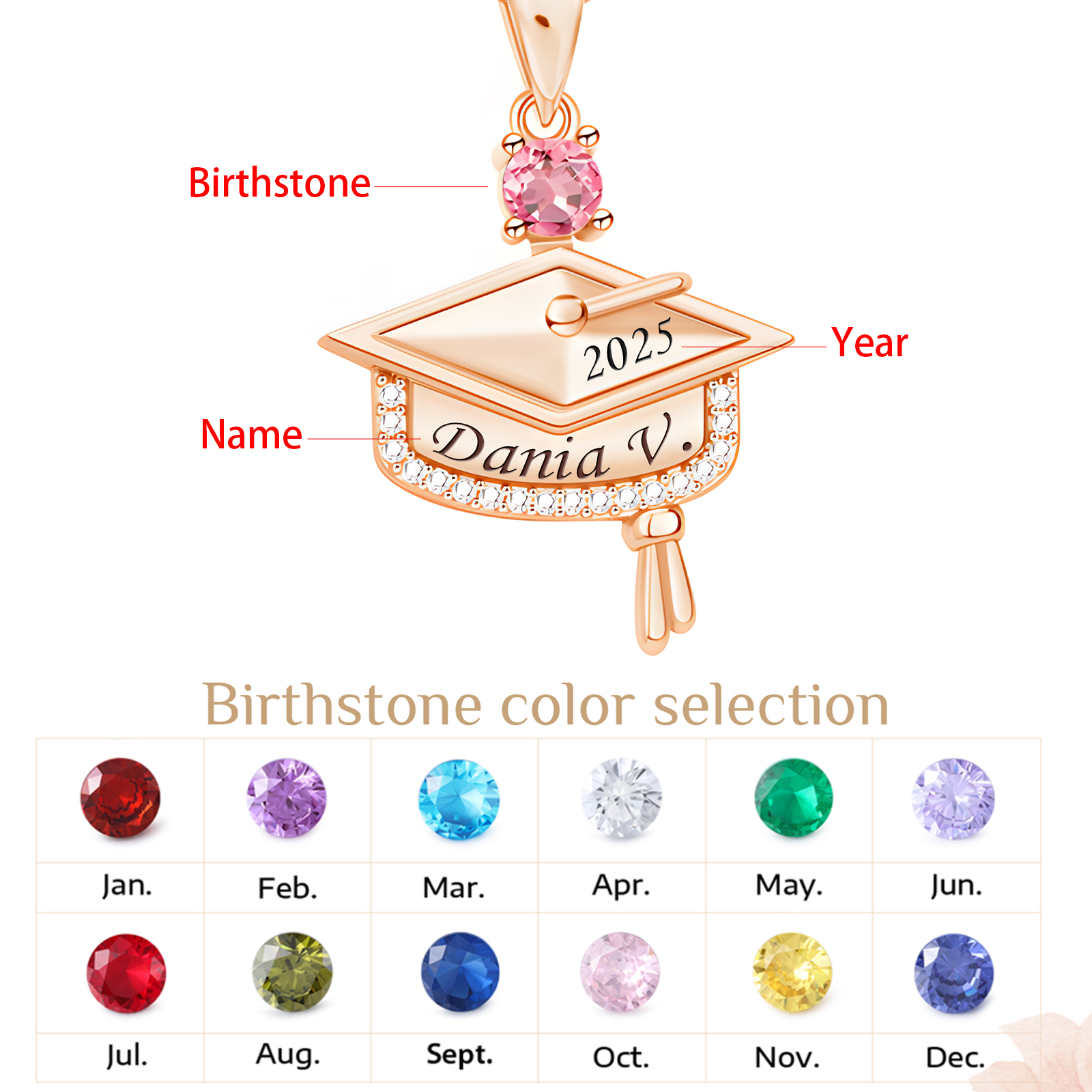 Para graduadas - Collar personalizado de graduación con piedra de nacimiento y nombre grabado – Joya única para la temporada de graduación 2025, regalo ideal para estudiantes