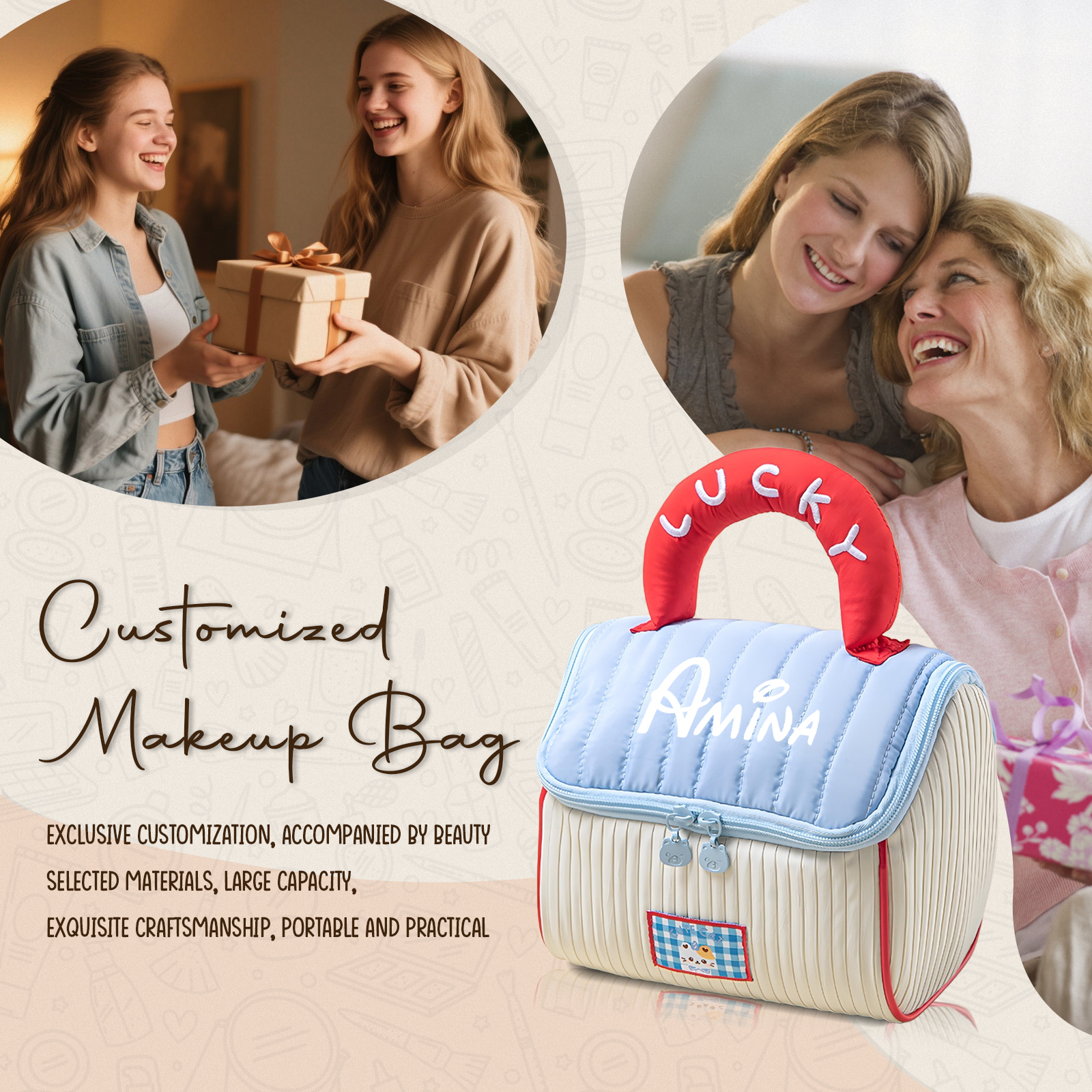 Neceser de Maquillaje Personalizado para Adolescente – Nombre Personalizado y Asa Multicolor