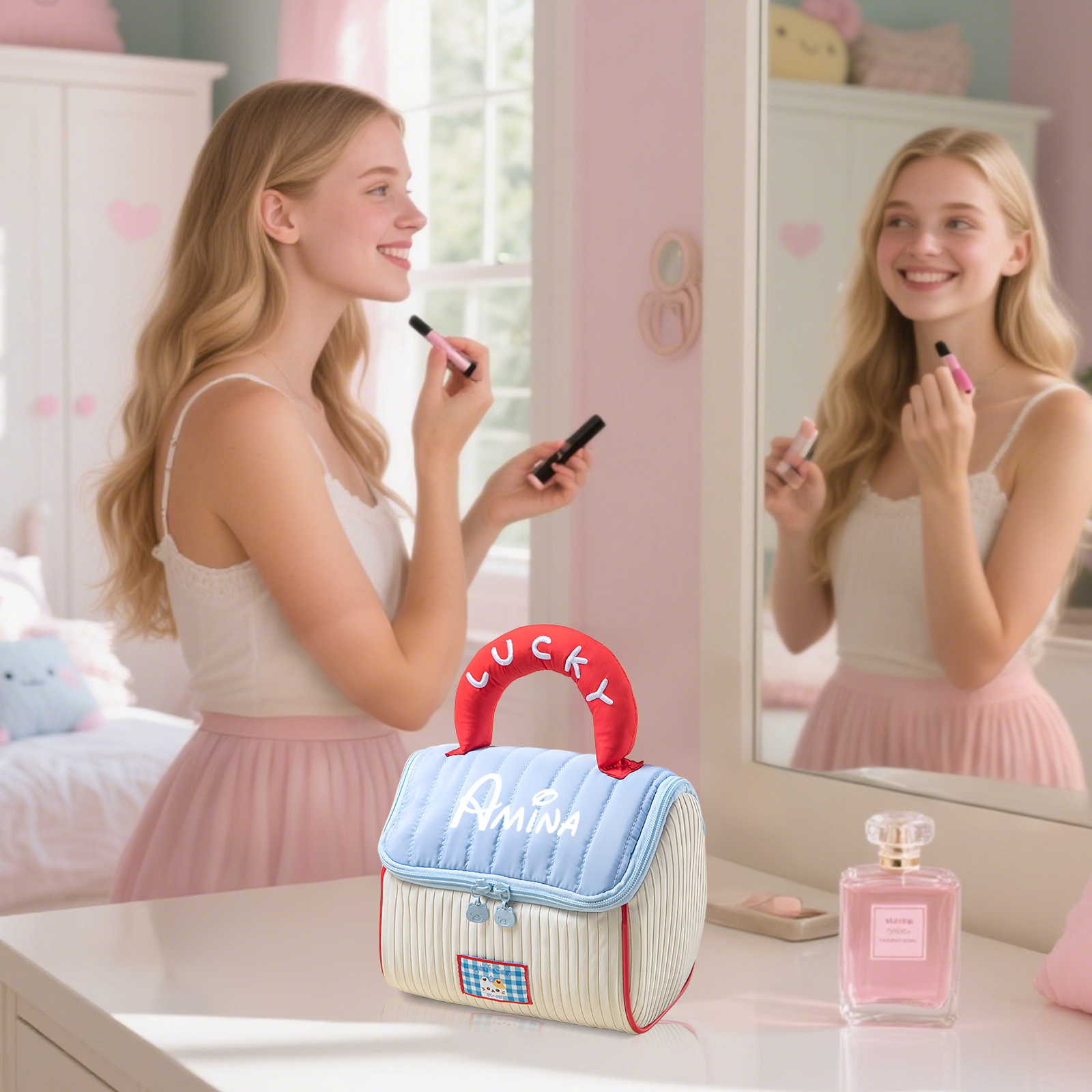 Neceser de Maquillaje Personalizado para Adolescente – Nombre Personalizado y Asa Multicolor