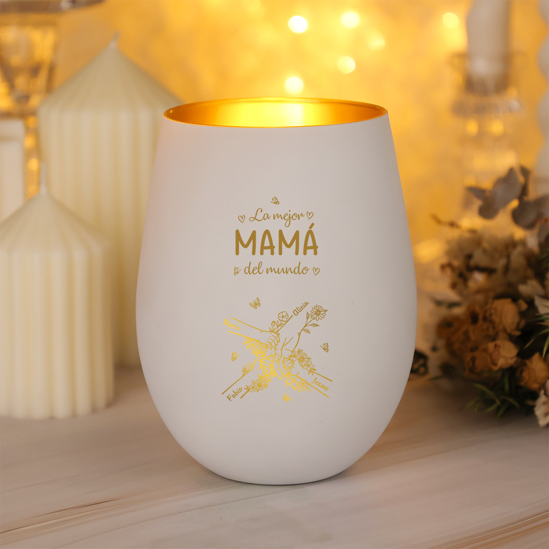 Portavelas de vidrio personalizado “La mejor mamá/abuela del mundo”, figuras de manos entrelazadas con 2–7 niños, con los nombres de los nietos – Regalo para el Día de la Madre y cumpleaños para abuela/mamá | Jessemade