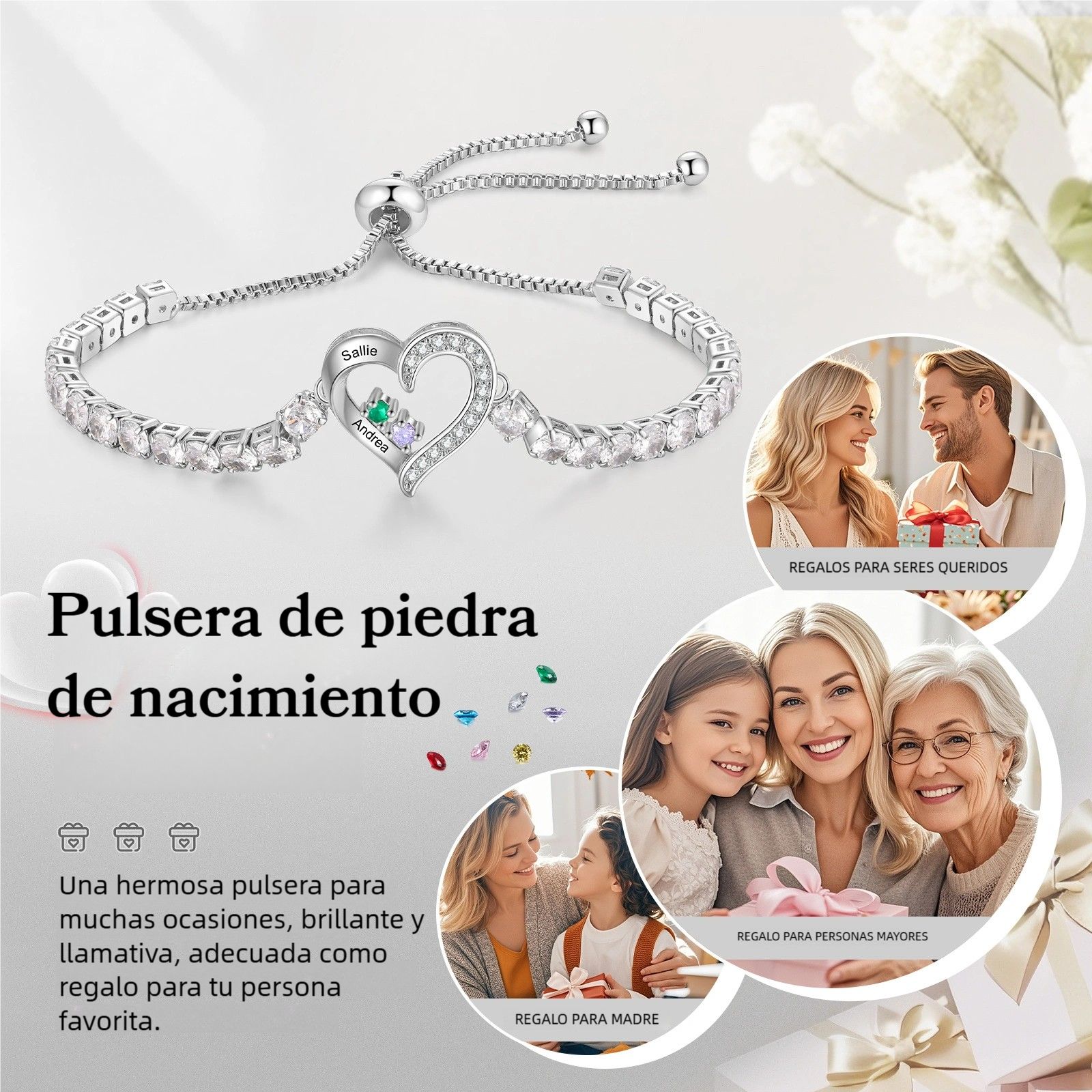 Pulsera personalizada de 2 a 4 nombres con corazón y piedra de nacimiento de circonita cúbica