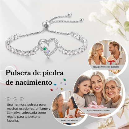 Pulsera personalizada de 2 a 4 nombres con corazón y piedra de nacimiento de circonita cúbica