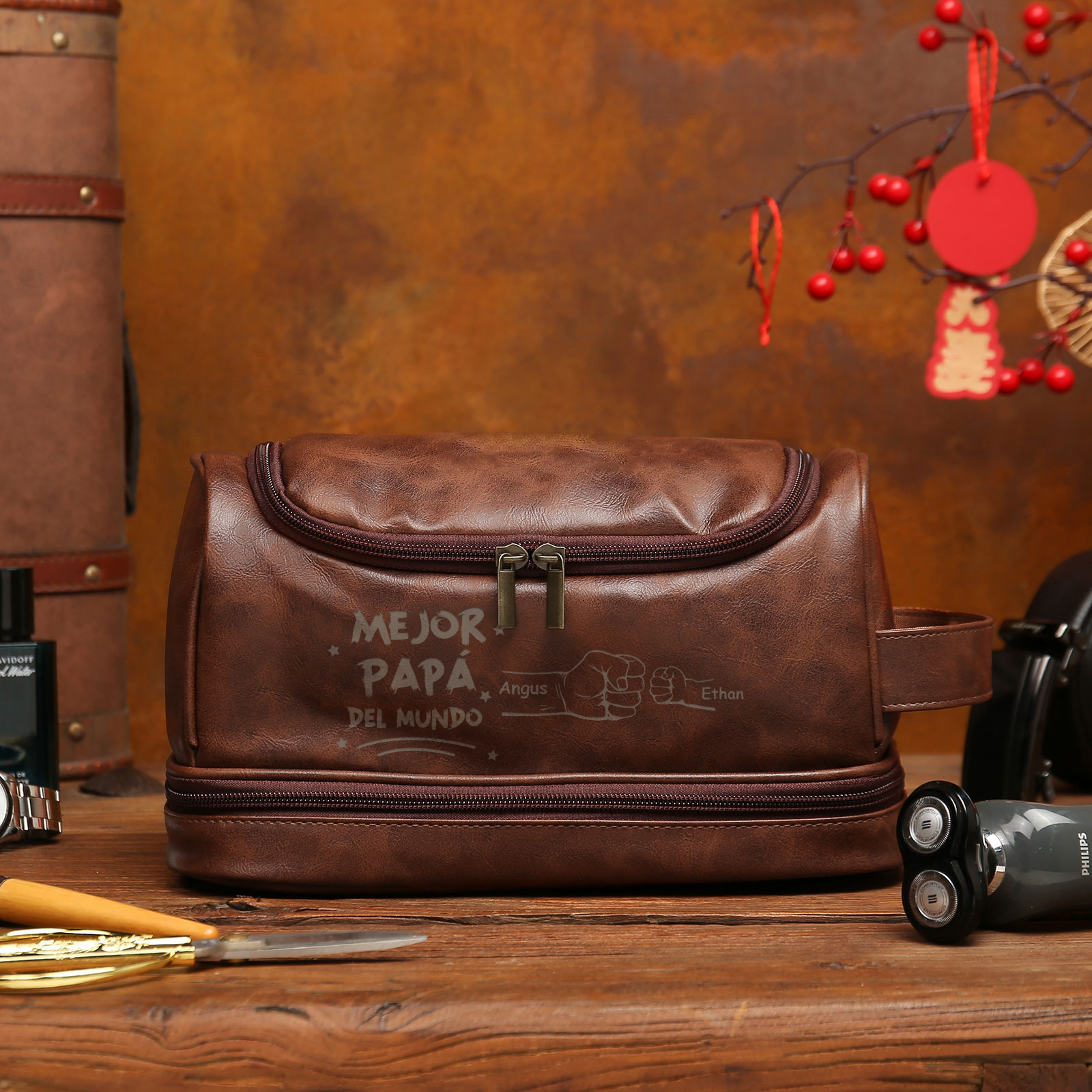 Bolsa de cuero para hombre con 2 nombres personalizados puño con puño regalo para papá | Jessemade