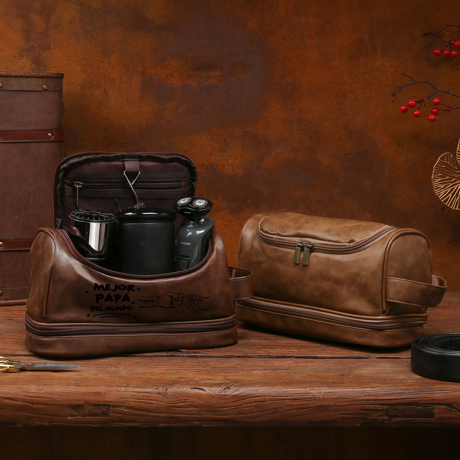 Bolsa de cuero para hombre con 3 nombres personalizados puño con puño regalo para papá | Jessemade