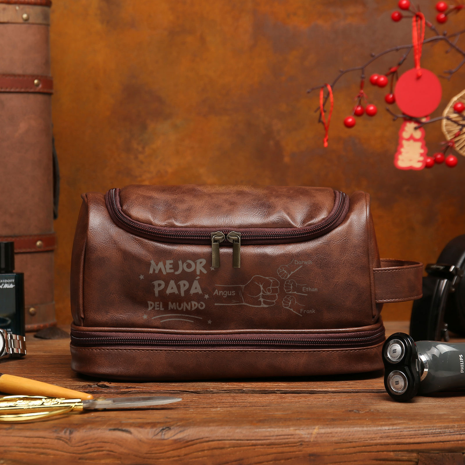 Bolsa de cuero para hombre con 4 nombres personalizados puño con puño regalo para papá | Jessemade