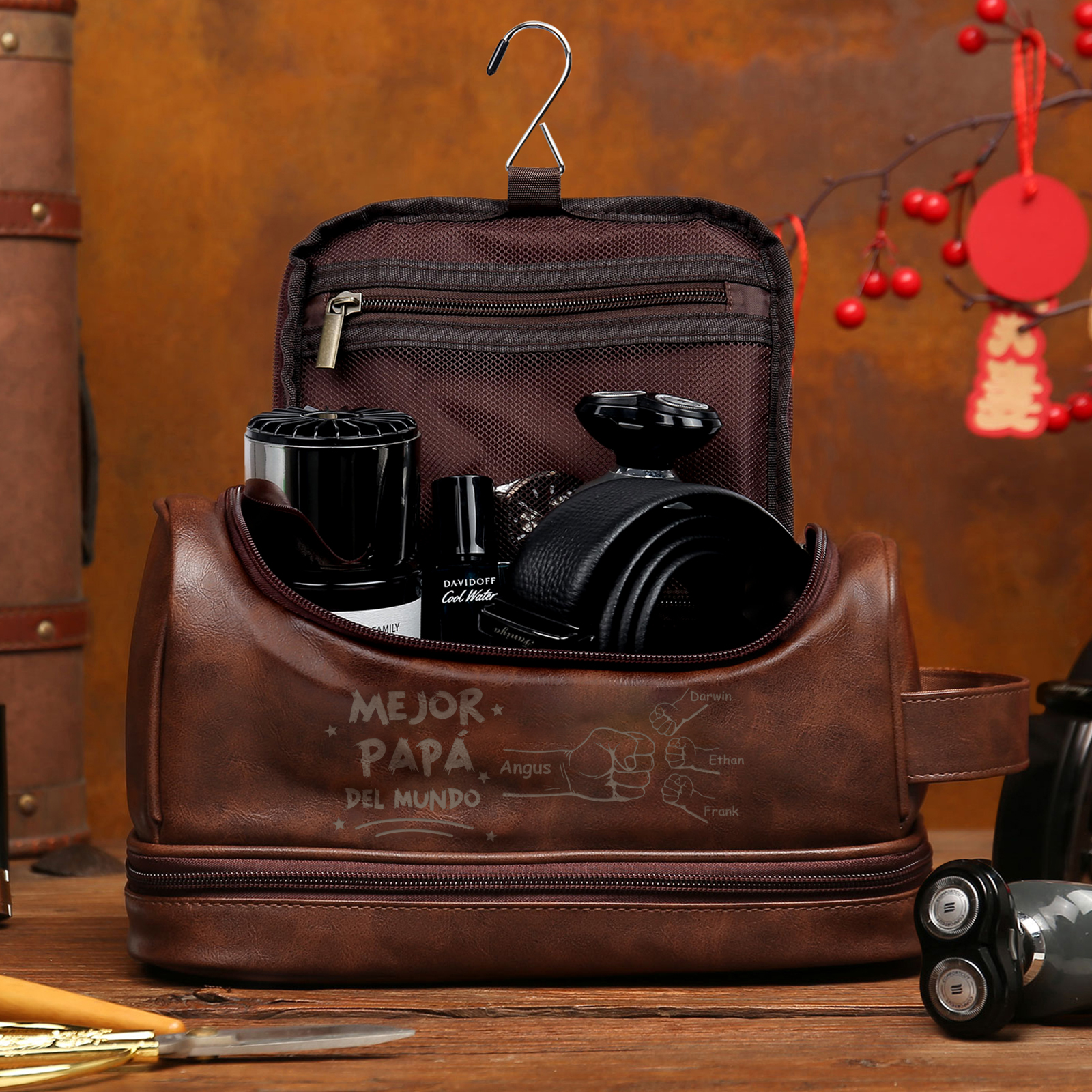 Bolsa de cuero para hombre con 4 nombres personalizados puño con puño regalo para papá | Jessemade