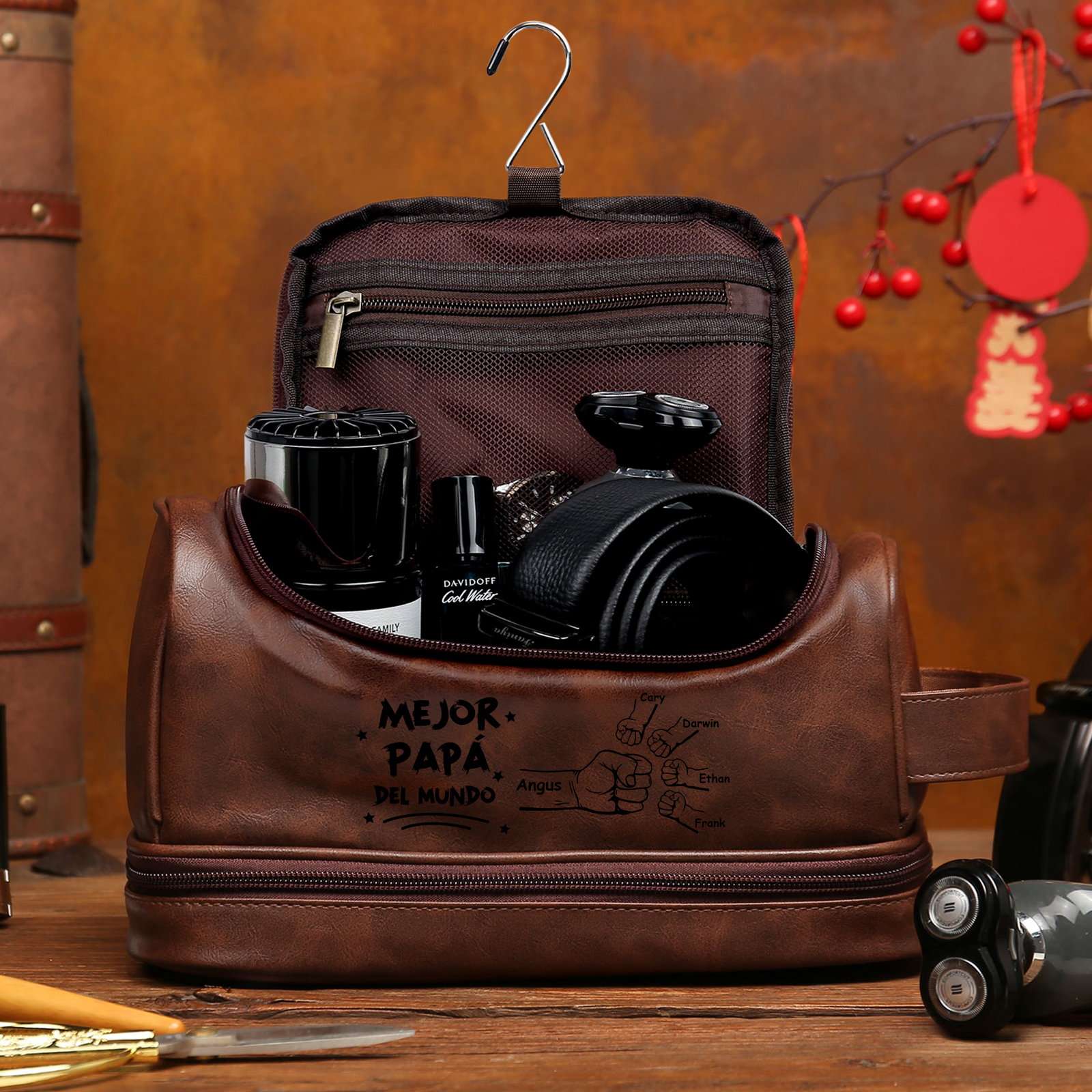 Bolsa de cuero para hombre con 5 nombres personalizados puño con puño regalo para papá | Jessemade