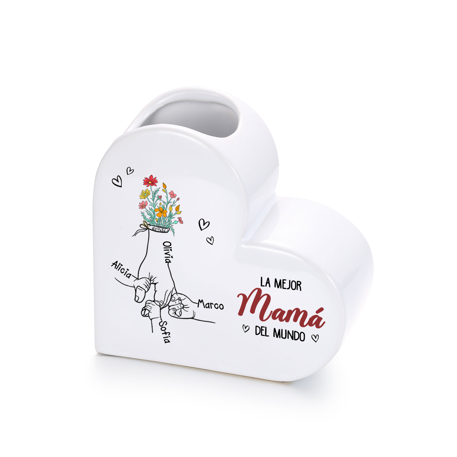 Jarrón Corazón de Cerámica Personalizado con 2 a 6 Nombres « La mejor mamá/abuela del mundo »