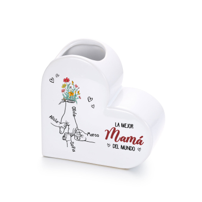 Jarrón Corazón de Cerámica Personalizado con 2 a 6 Nombres « La mejor mamá/abuela del mundo »