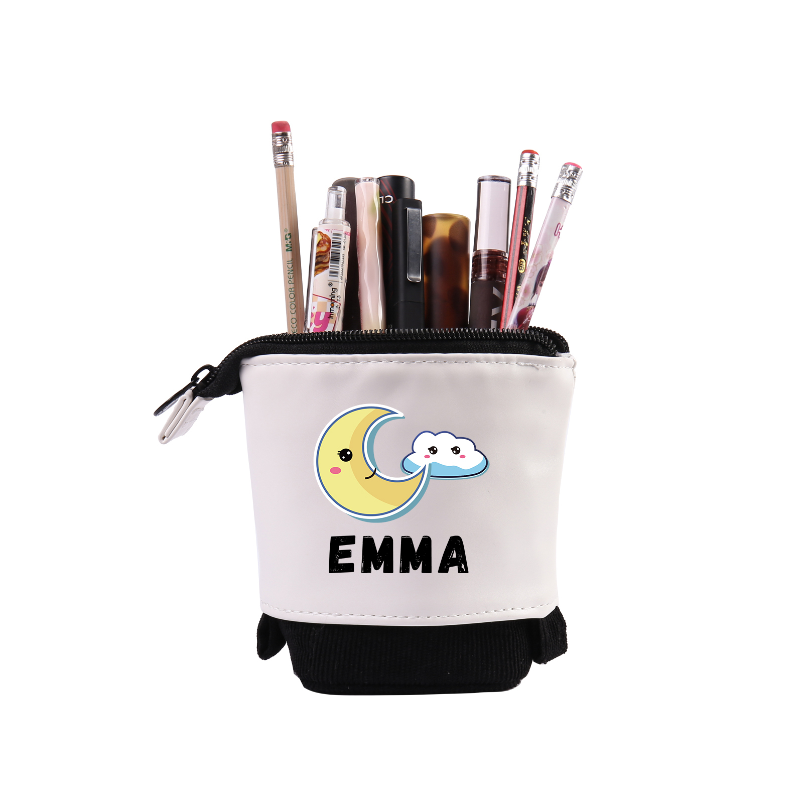 Estuche personalizado con nombre con diseños coloridos de luna para niños