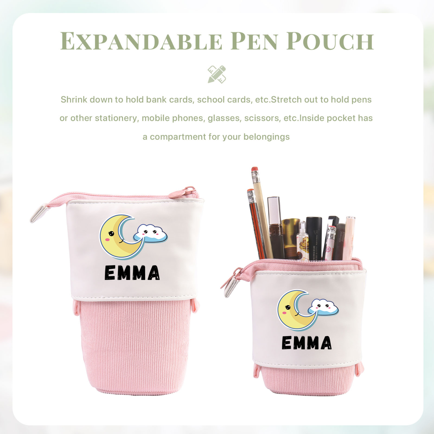 Estuche personalizado con nombre con diseños coloridos de luna para niños