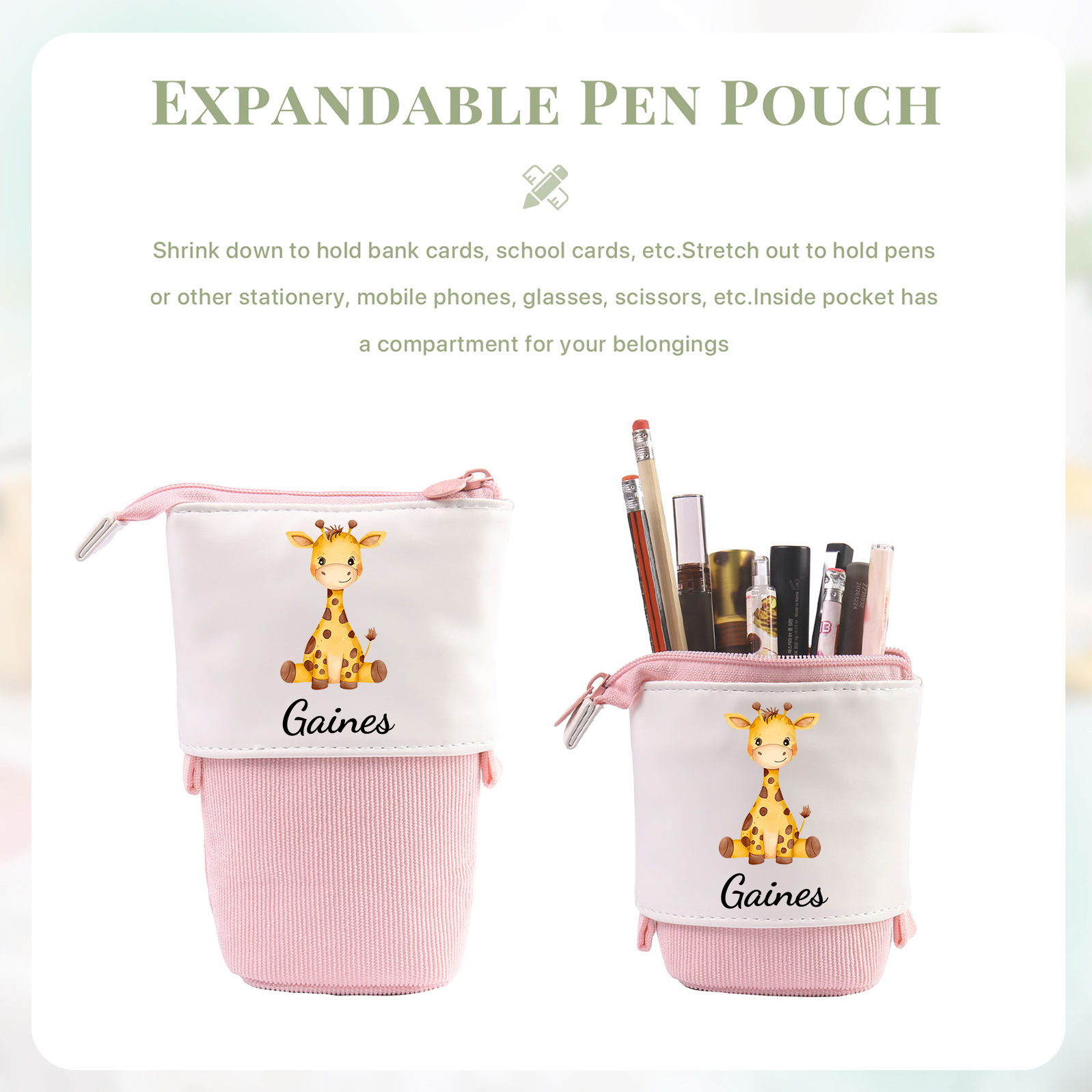 Estuche personalizado con nombre con diseños coloridos de animales para niños