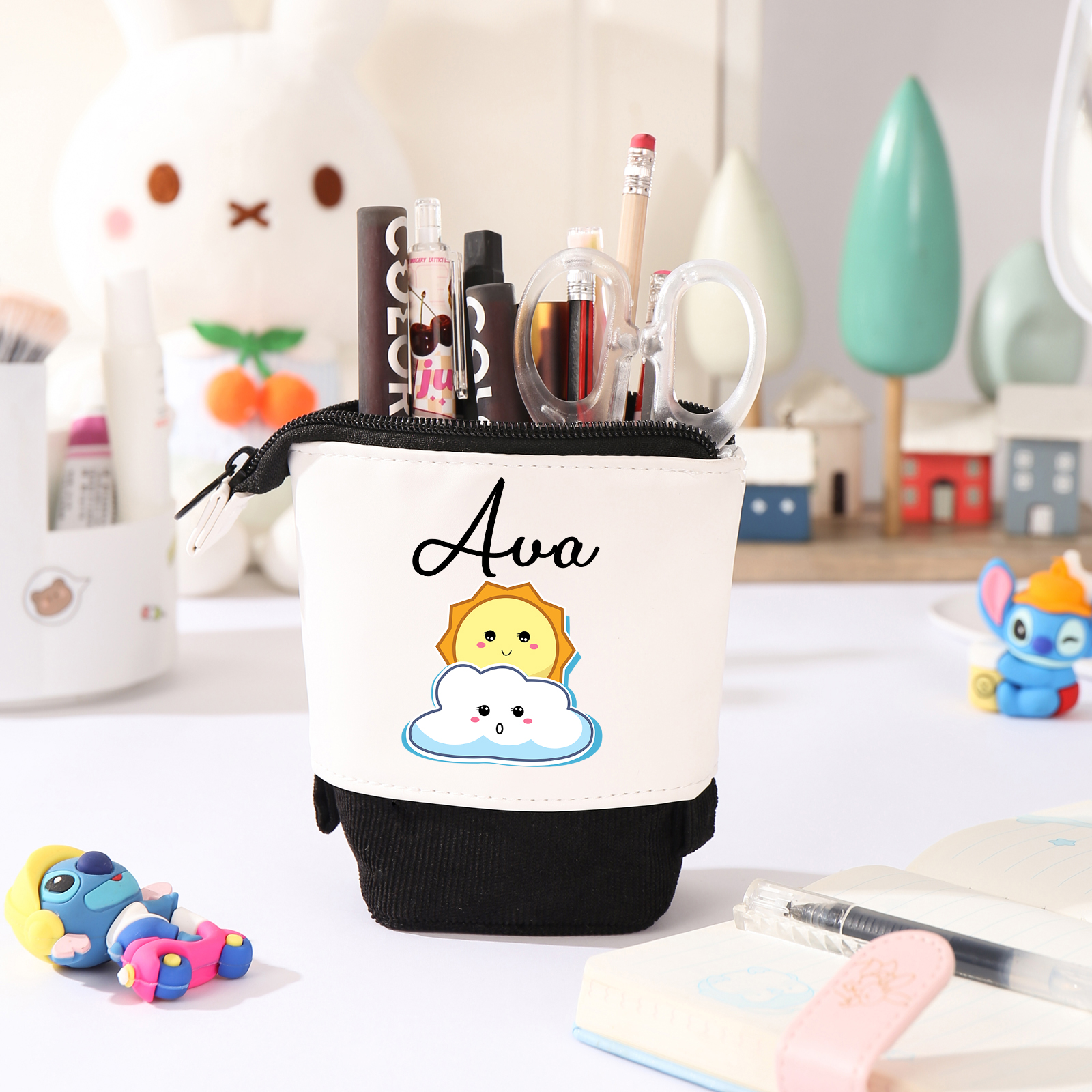 Estuche personalizado con nombre con diseños coloridos de sol para niños