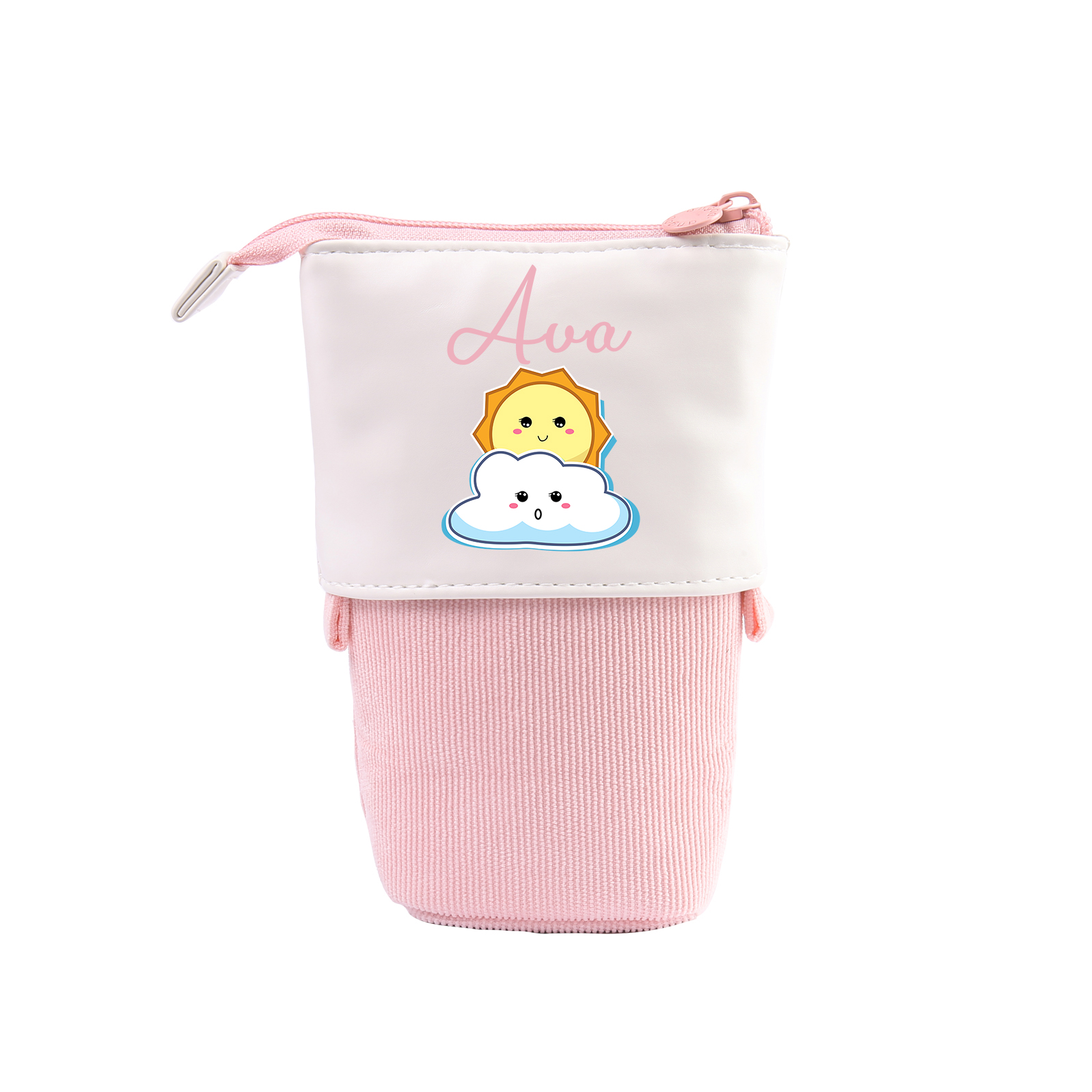 Estuche personalizado con nombre con diseños coloridos de sol para niños