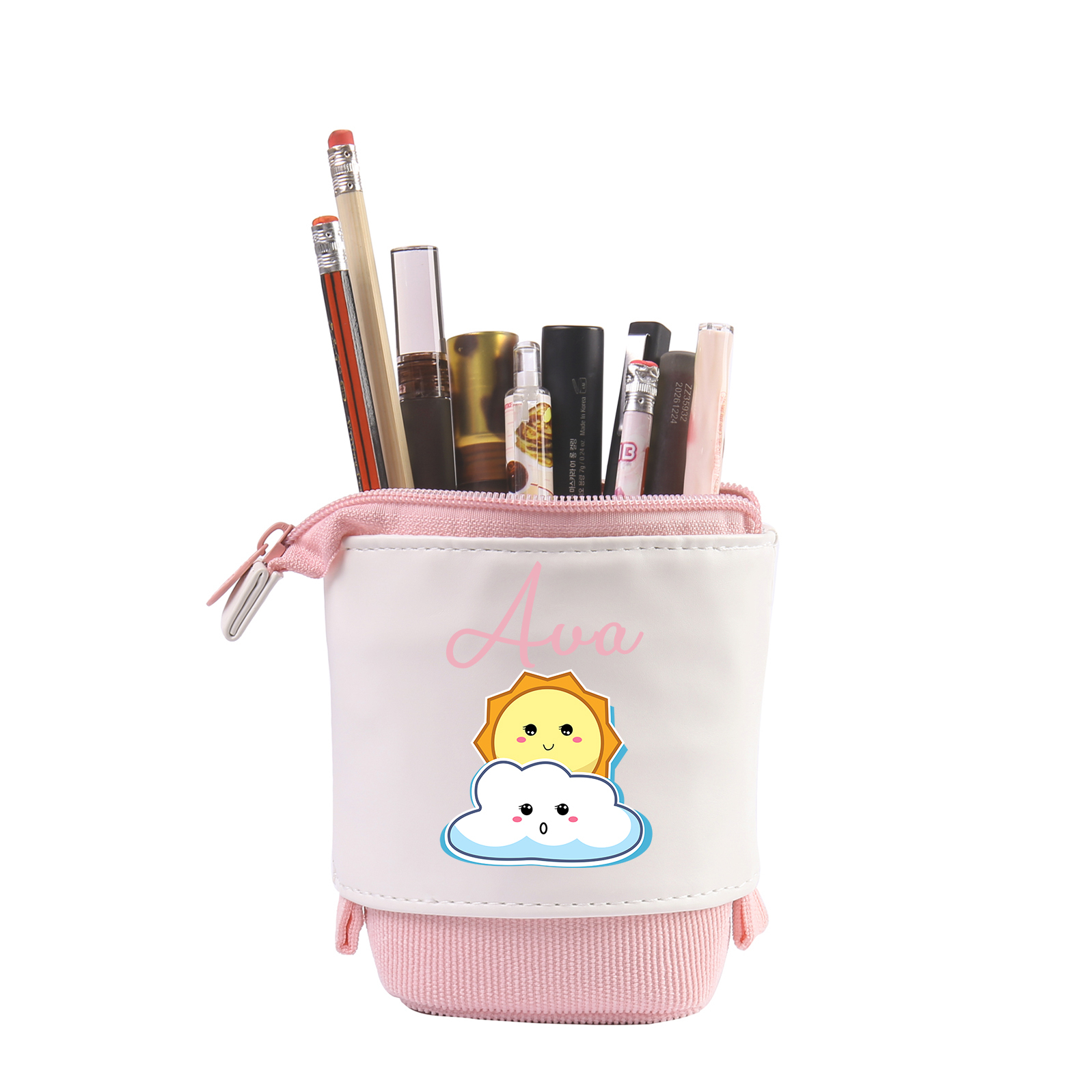 Estuche personalizado con nombre con diseños coloridos de sol para niños