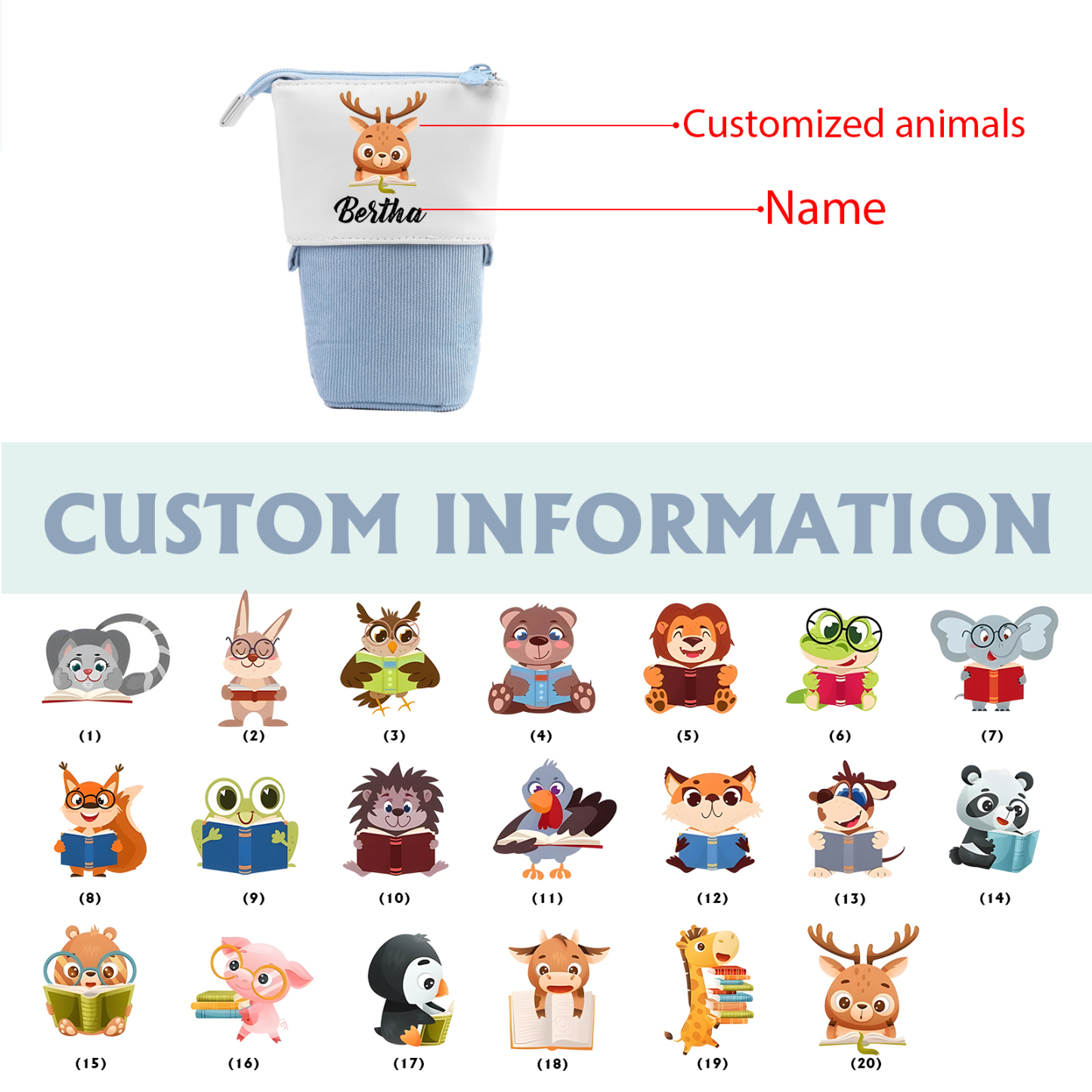 Estuche personalizado con nombre con diseños coloridos de animales para niños