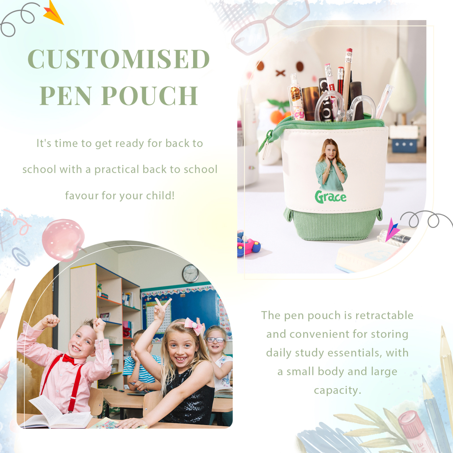 Estuche personalizado con nombre y foto con diseños coloridos para niño