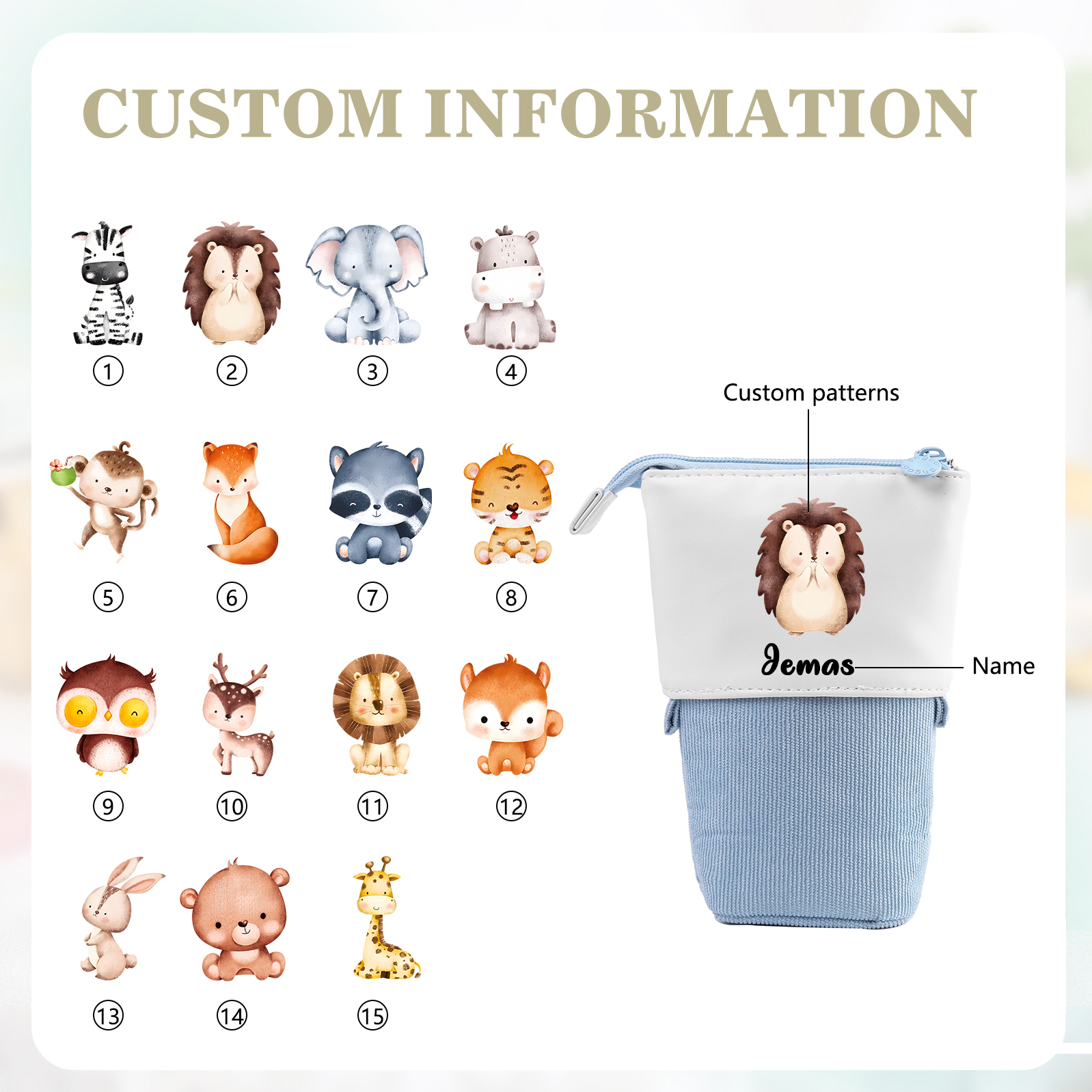 Estuche personalizado con nombre con diseños coloridos de animales para niños