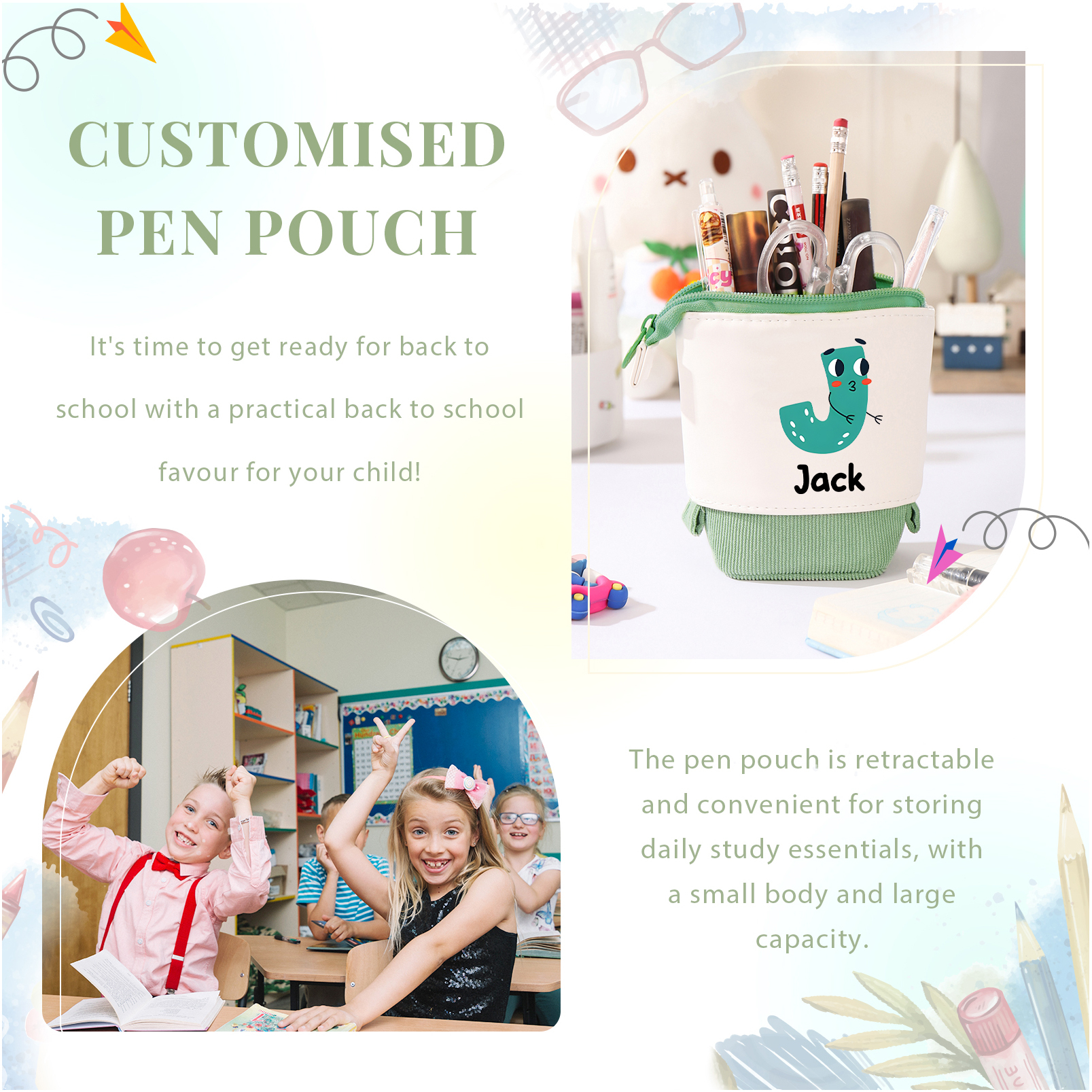 Estuche personalizado con nombre y letra con diseños coloridos para niños