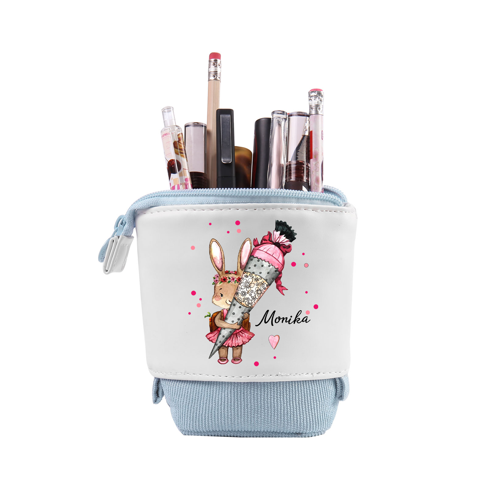 Estuche personalizado con nombre con diseños coloridos de conejo con mochila para niños