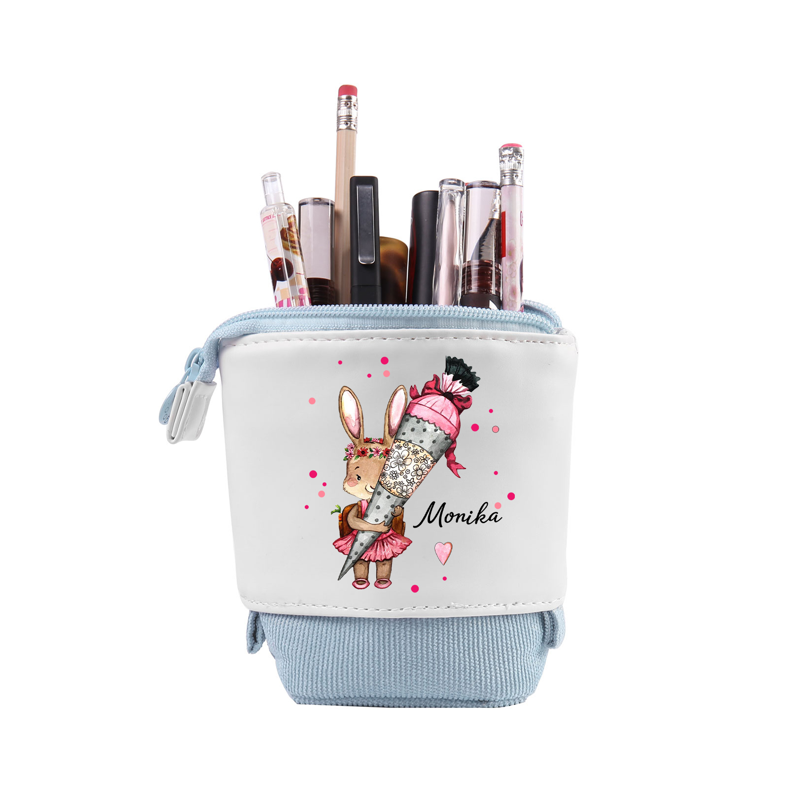 Estuche personalizado con nombre con diseños coloridos de conejo con mochila para niños