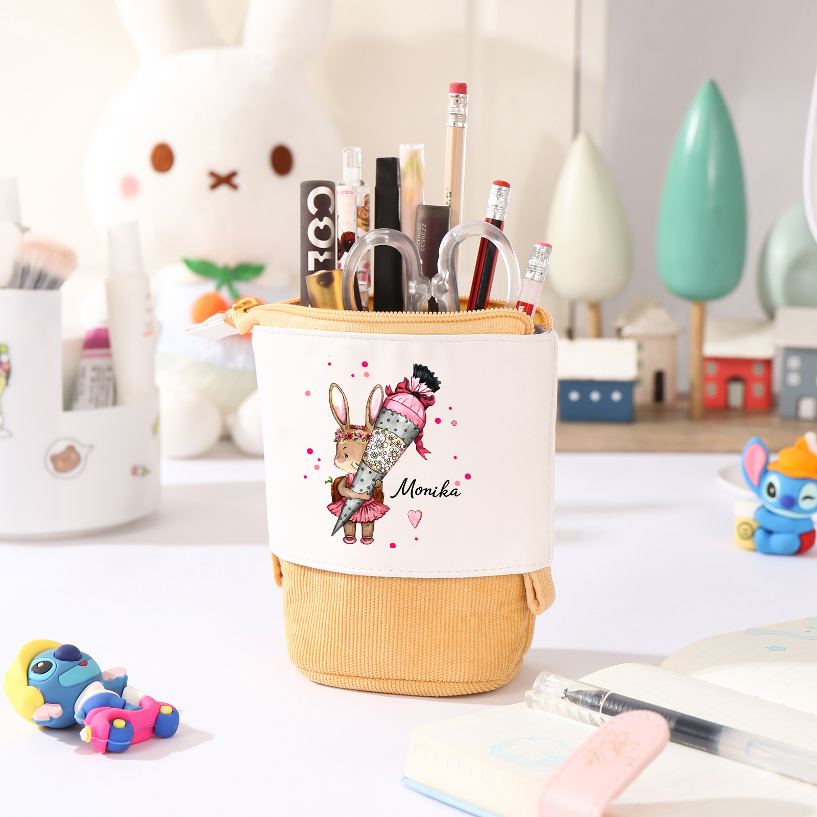 Estuche personalizado con nombre con diseños coloridos de conejo con mochila para niños