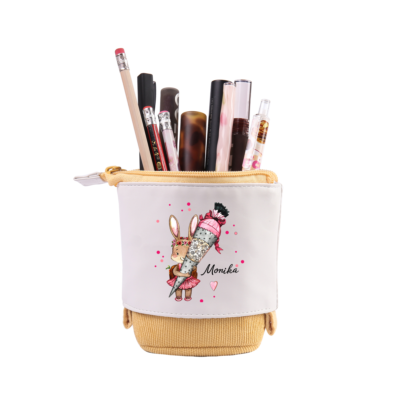 Estuche personalizado con nombre con diseños coloridos de conejo con mochila para niños