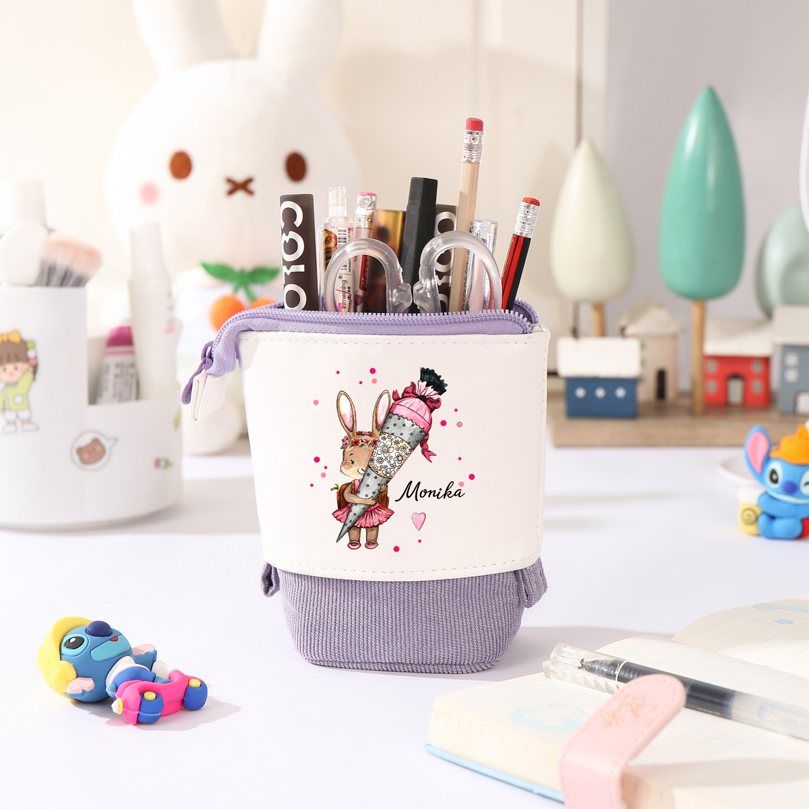 Estuche personalizado con nombre con diseños coloridos de conejo con mochila para niños