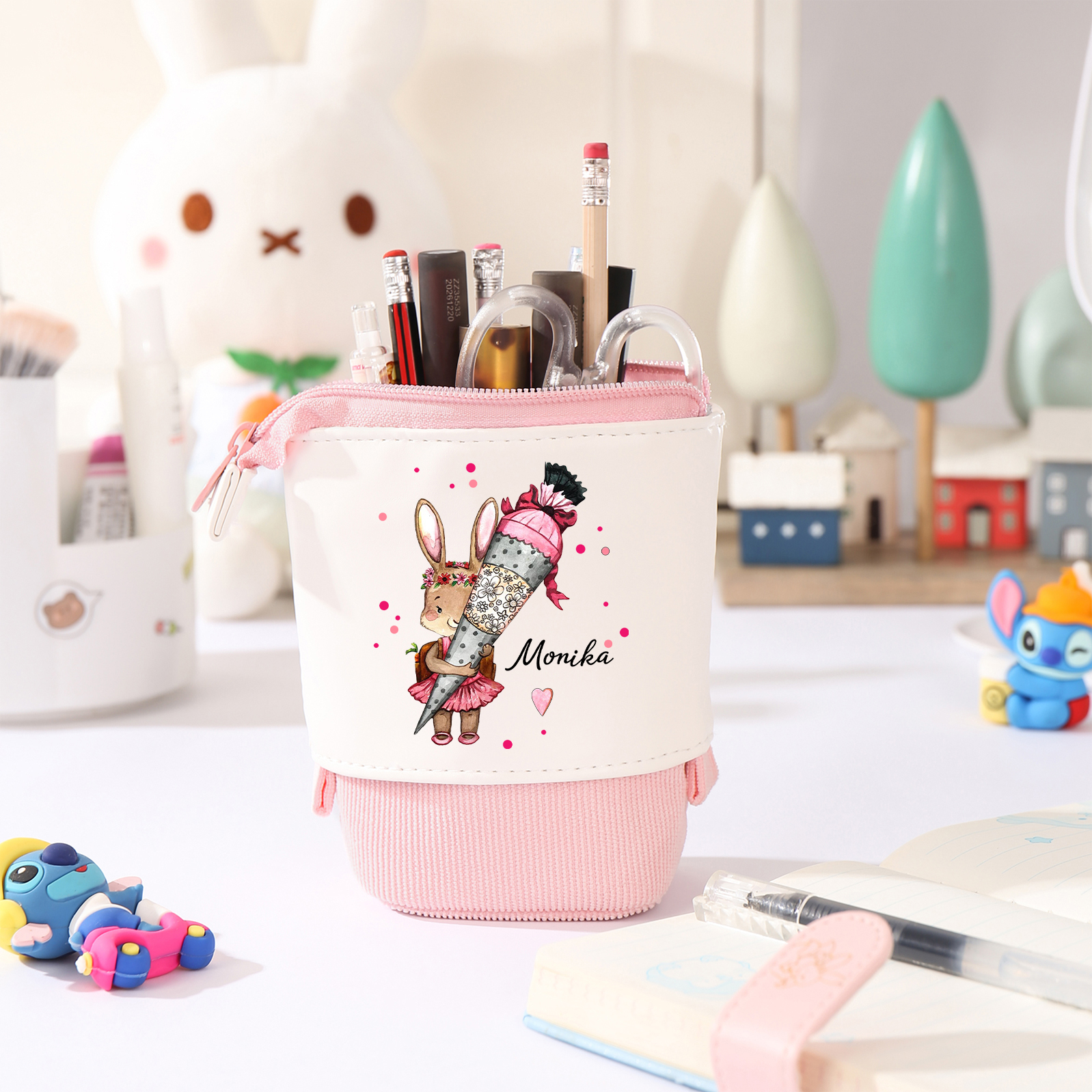 Estuche personalizado con nombre con diseños coloridos de conejo con mochila para niños