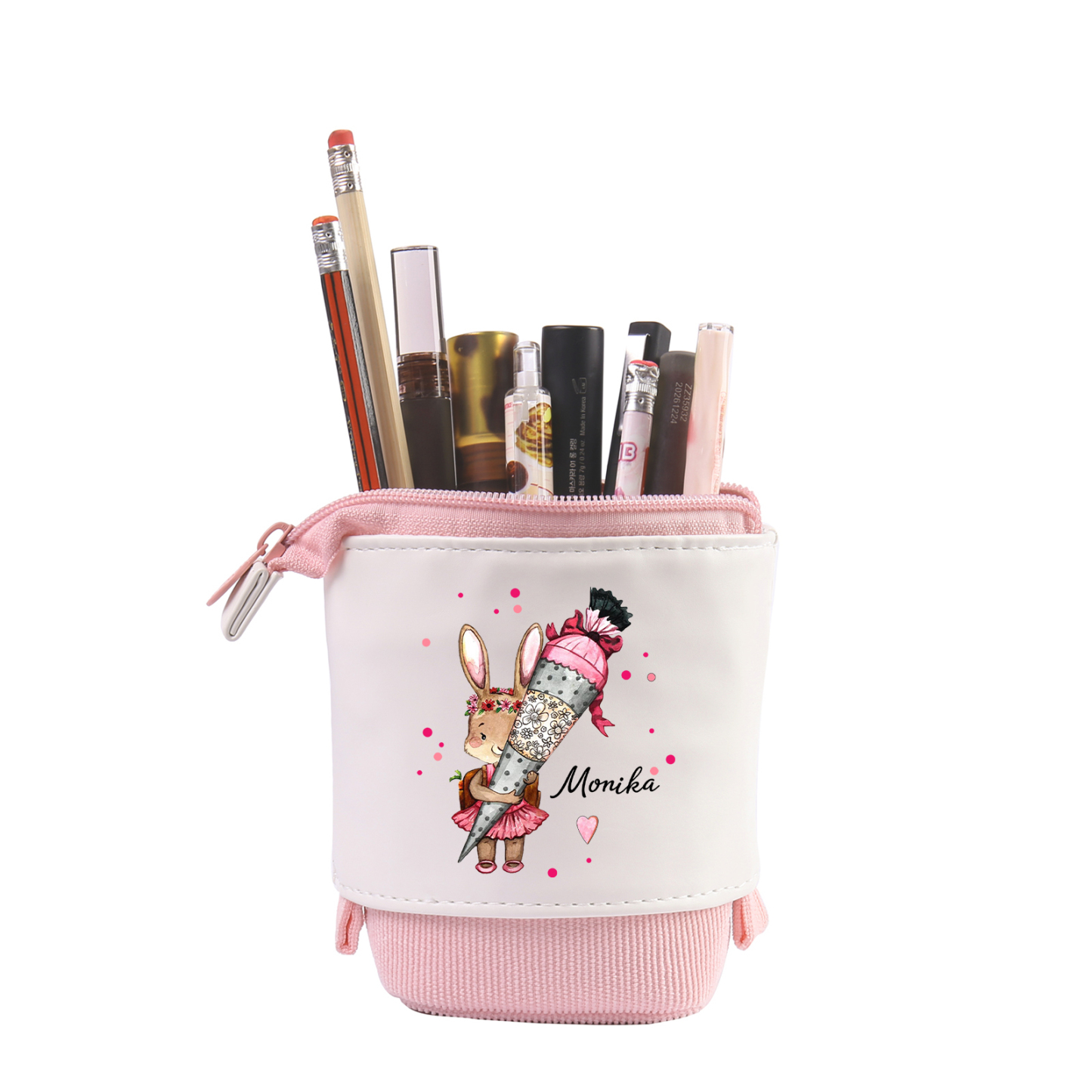 Estuche personalizado con nombre con diseños coloridos de conejo con mochila para niños
