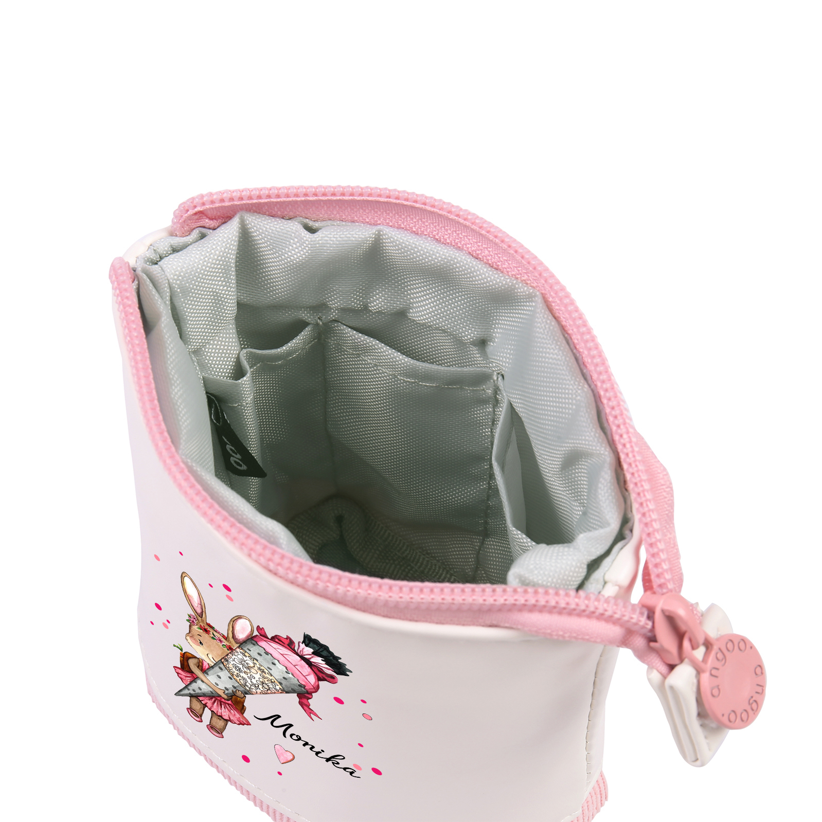 Estuche personalizado con nombre con diseños coloridos de conejo con mochila para niños