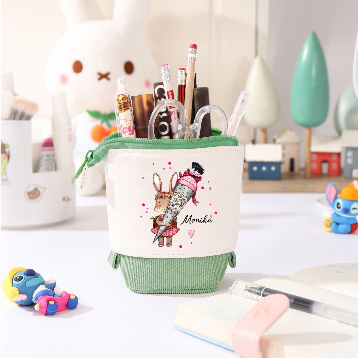 Estuche personalizado con nombre con diseños coloridos de conejo con mochila para niños