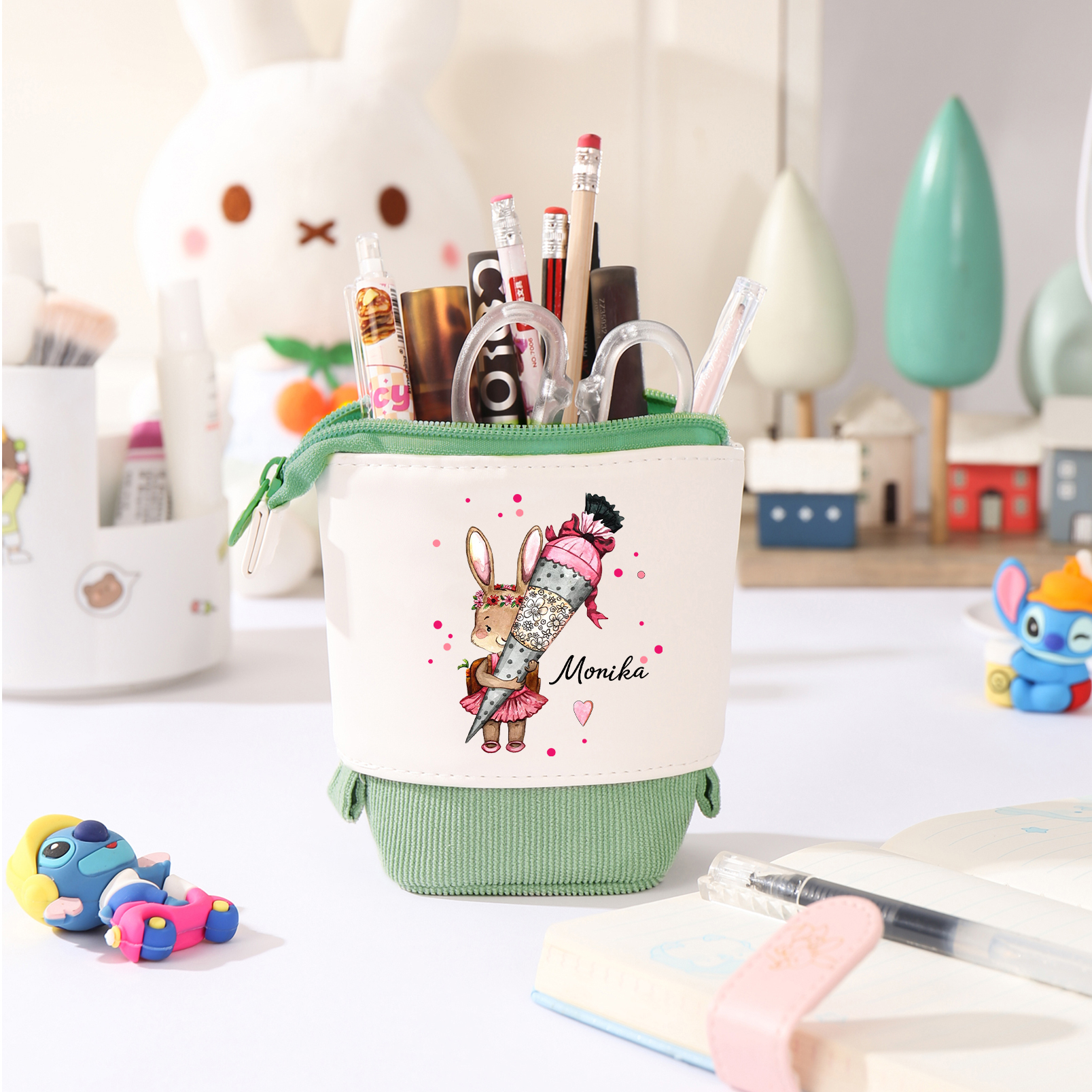 Estuche personalizado con nombre con diseños coloridos de conejo con mochila para niños